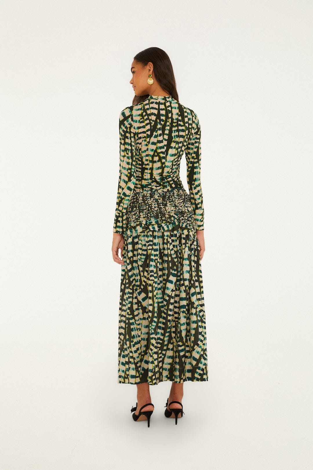 FARM Rio model wearing the Striped Leaves Smocked Maxi Skirt