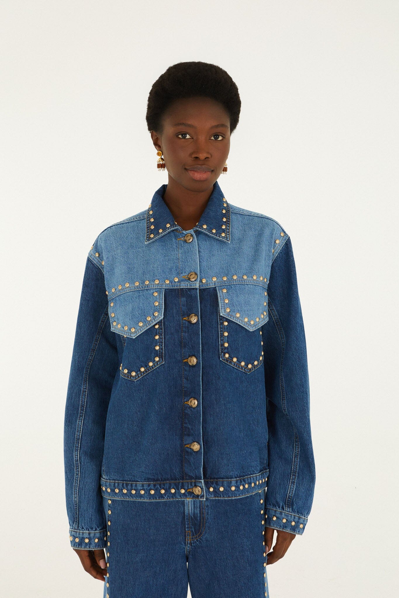 FARM Rio model wearing the Studded Metal Denim Jacket
