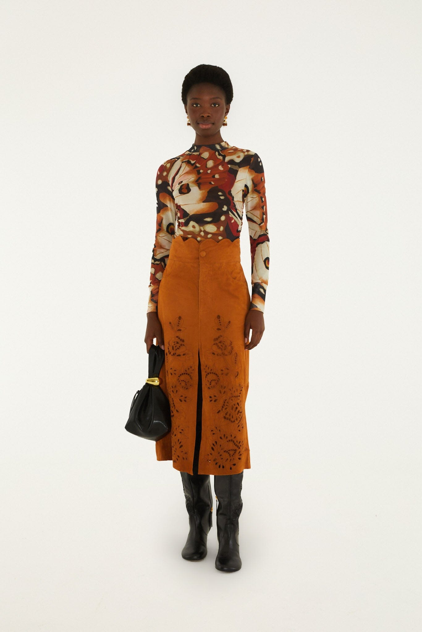 FARM Rio model wearing the Suede Cutwork Midi Skirt
