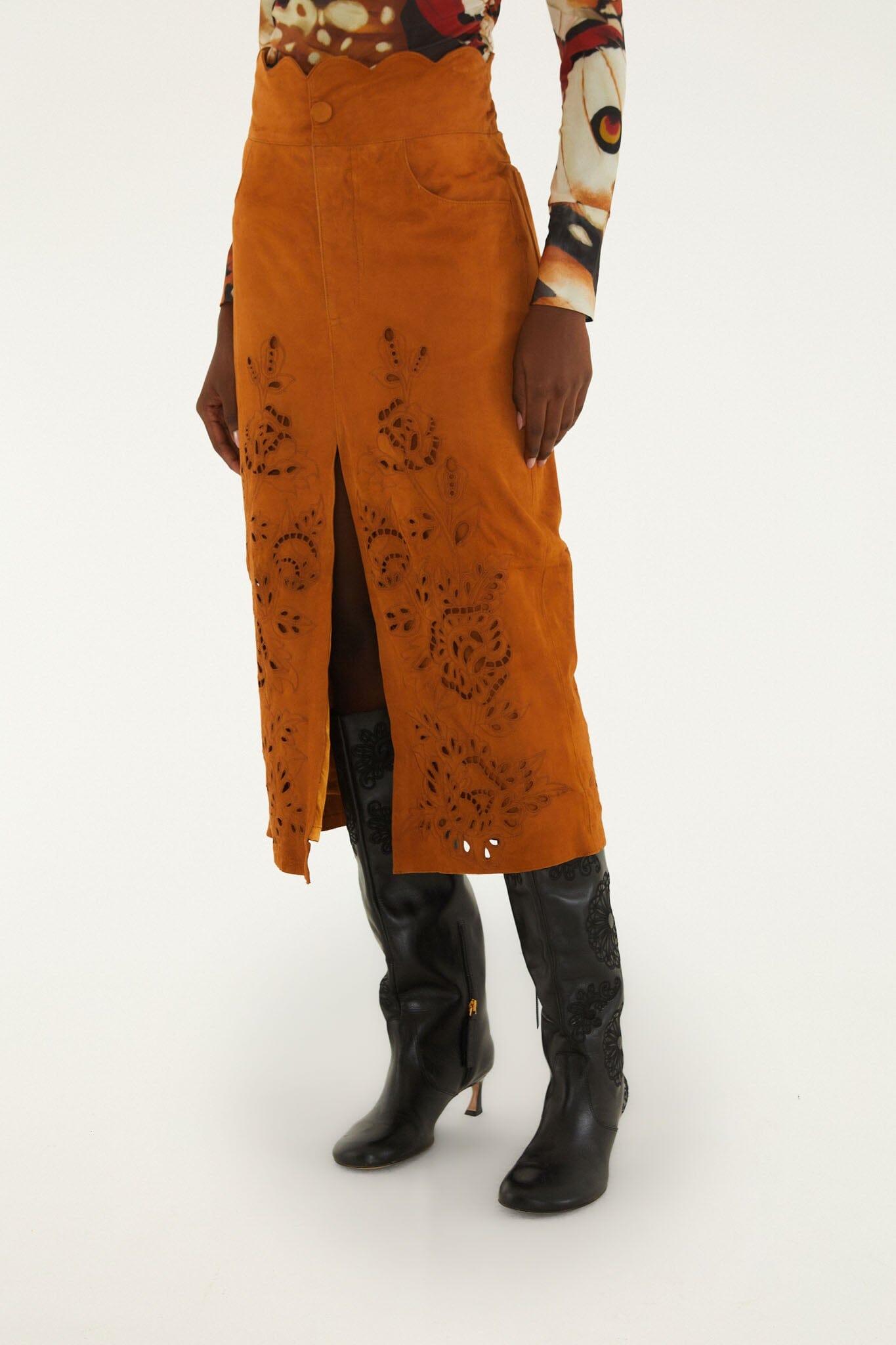 FARM Rio model wearing the Suede Cutwork Midi Skirt