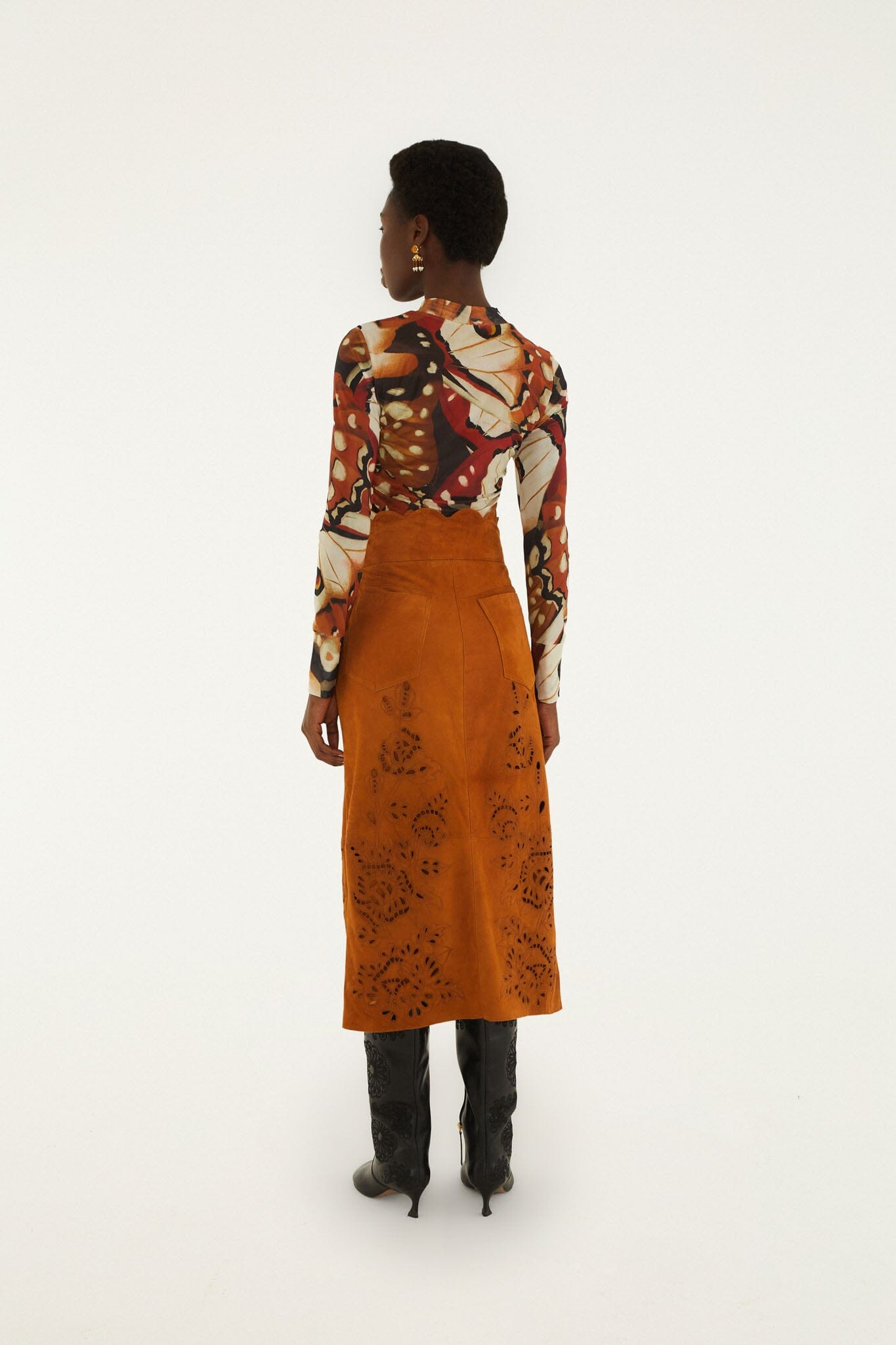 FARM Rio model wearing the Suede Cutwork Midi Skirt