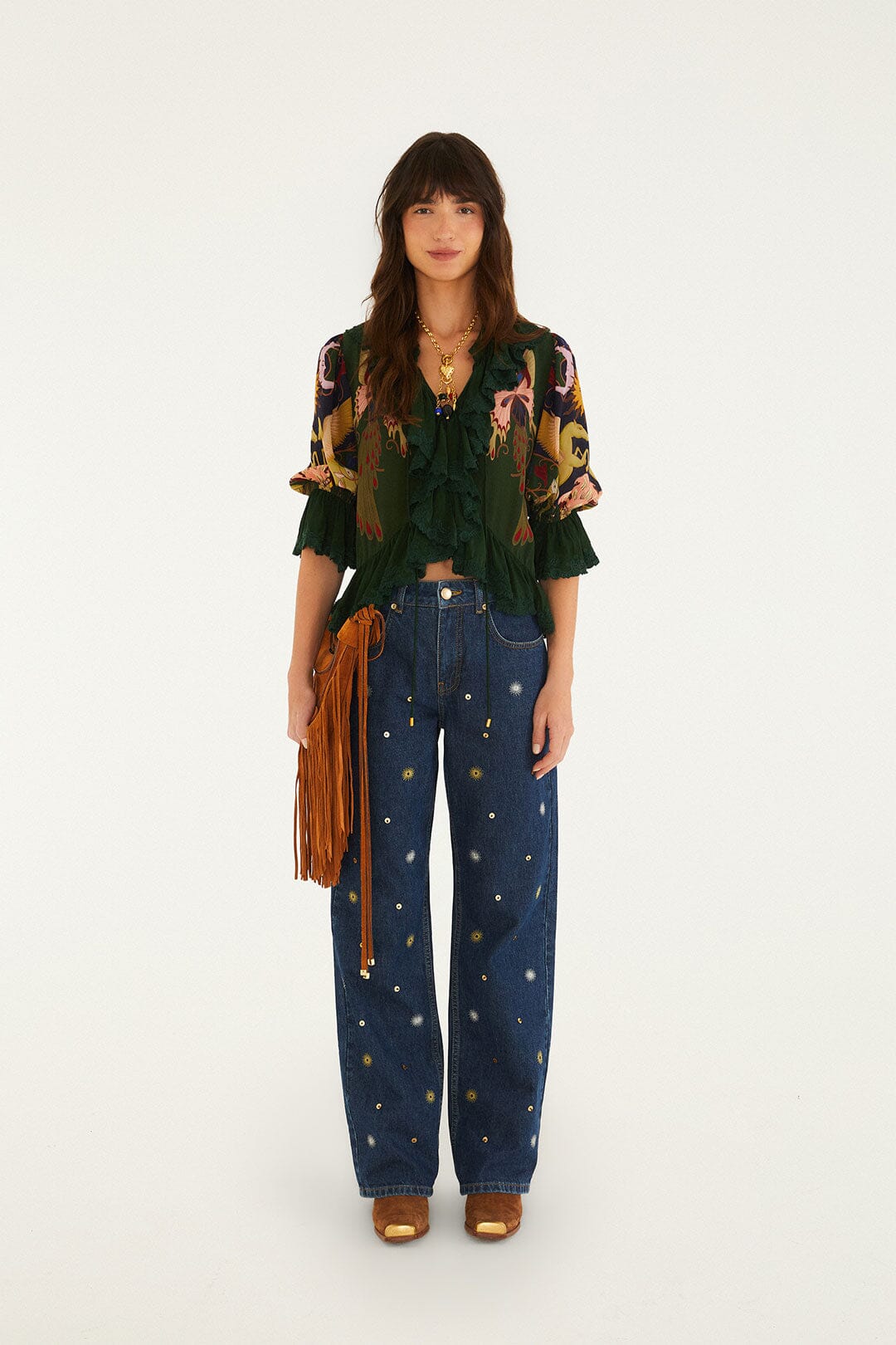 FARM Rio model wearing the Sun Embroidered Denim Pants