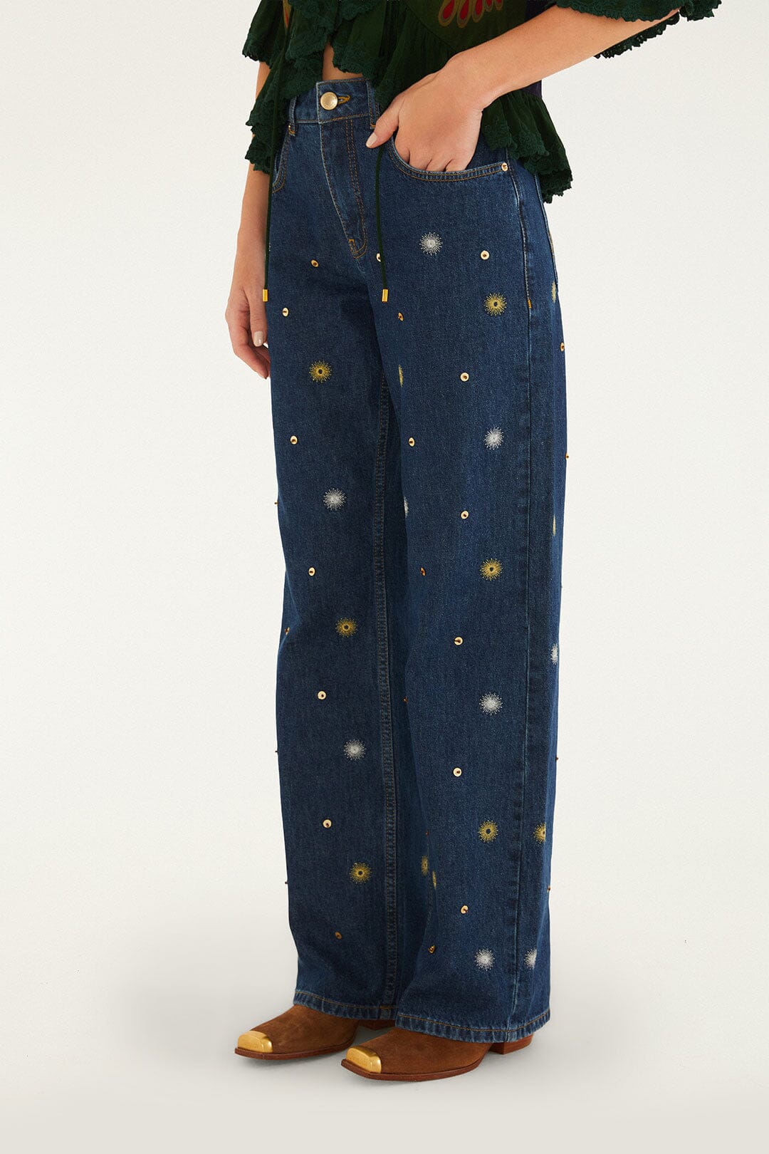 FARM Rio model wearing the Sun Embroidered Denim Pants