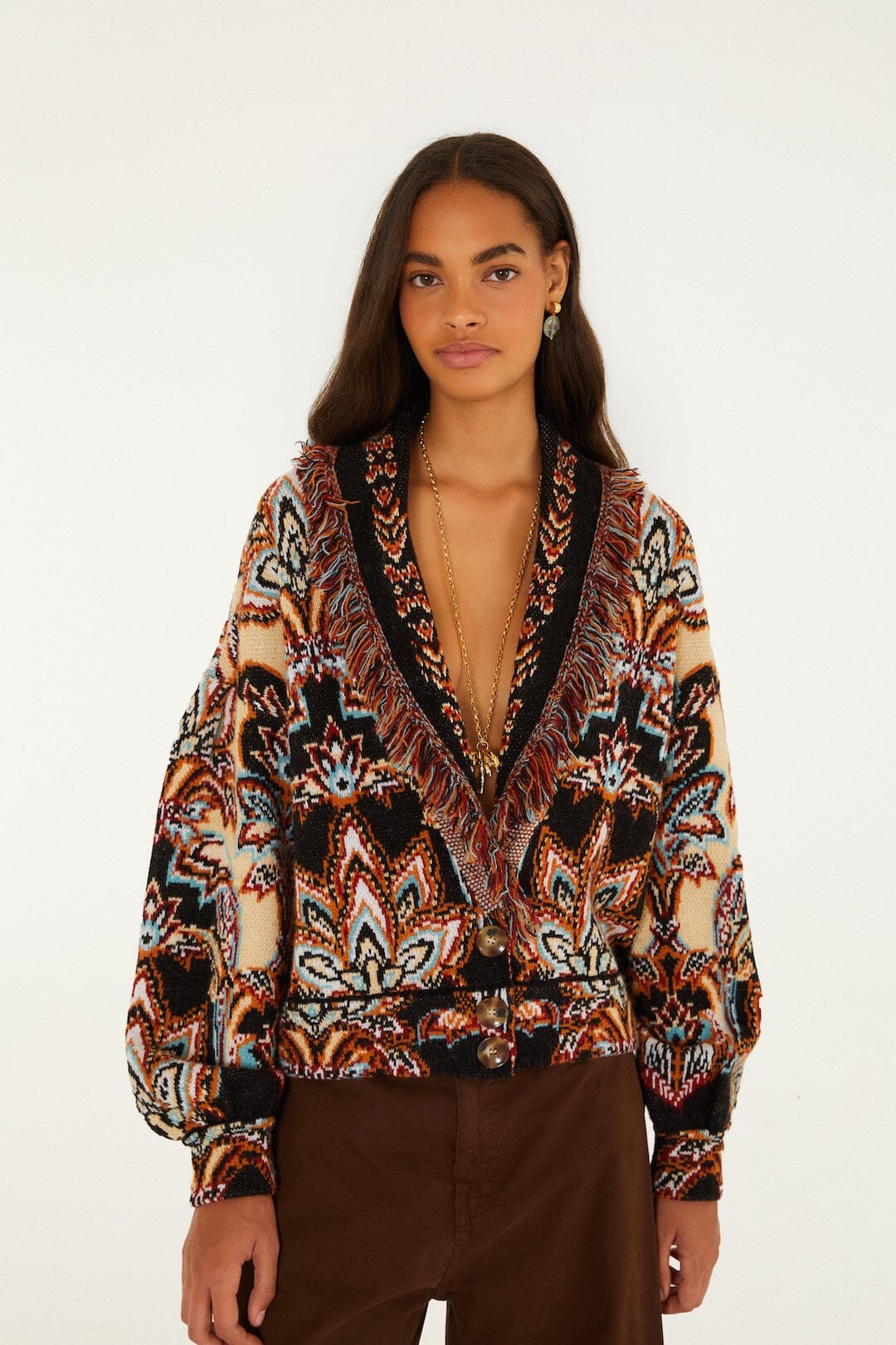 FARM Rio model wearing the Tapestry Dream Fringe Knit Cardigan