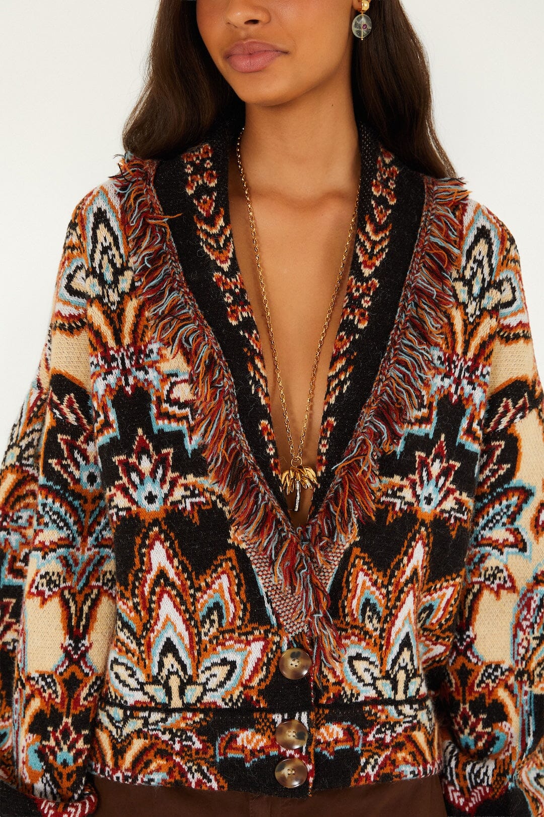 FARM Rio model wearing the Tapestry Dream Fringe Knit Cardigan