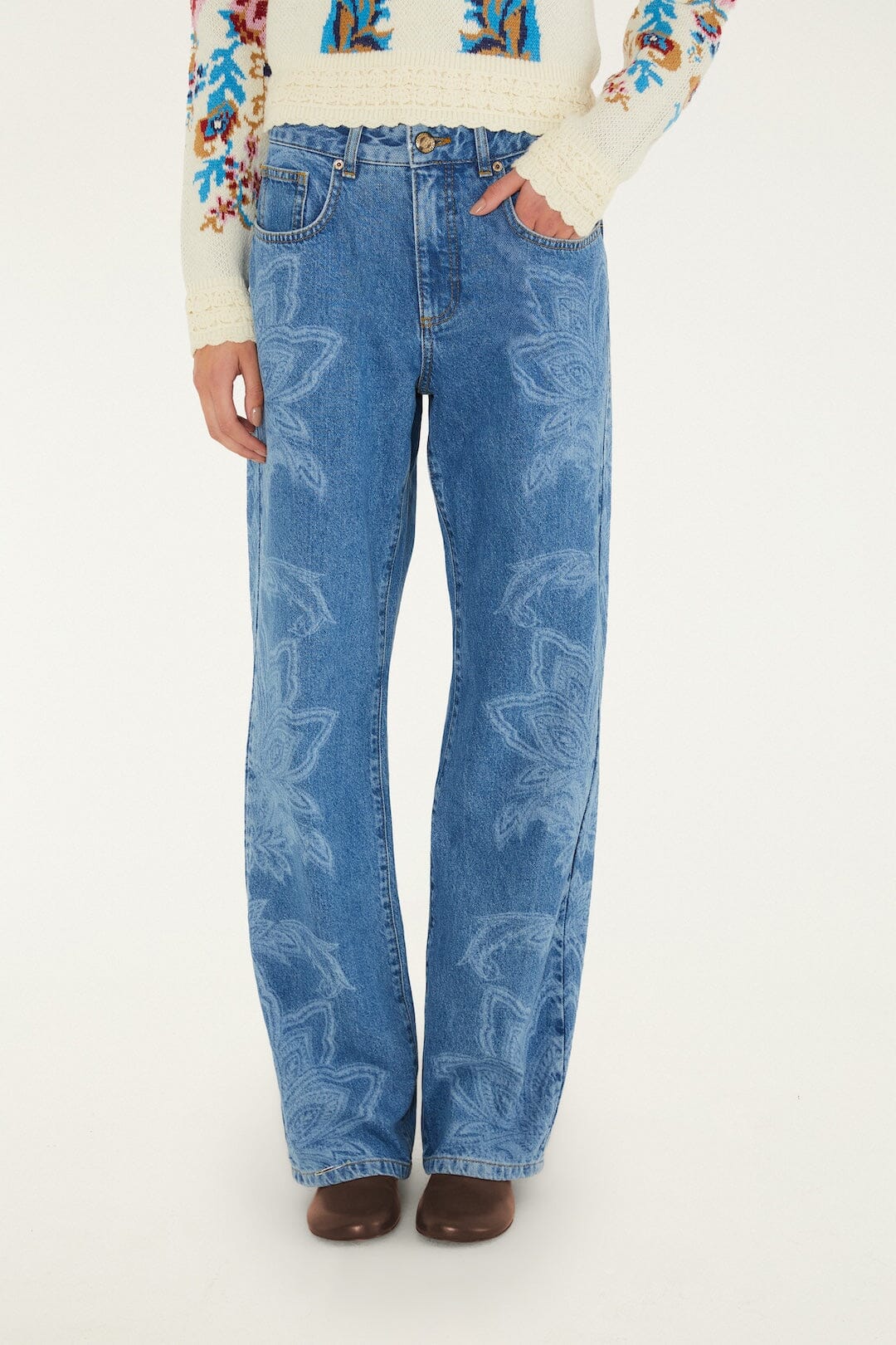 FARM Rio model wearing the Tapestry Dream Laser Denim Trousers