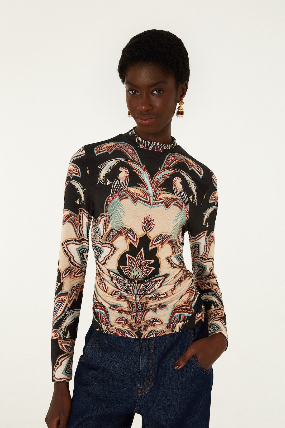 FARM Rio model wearing the Tapestry Dream Long Sleeve Jersey Blouse