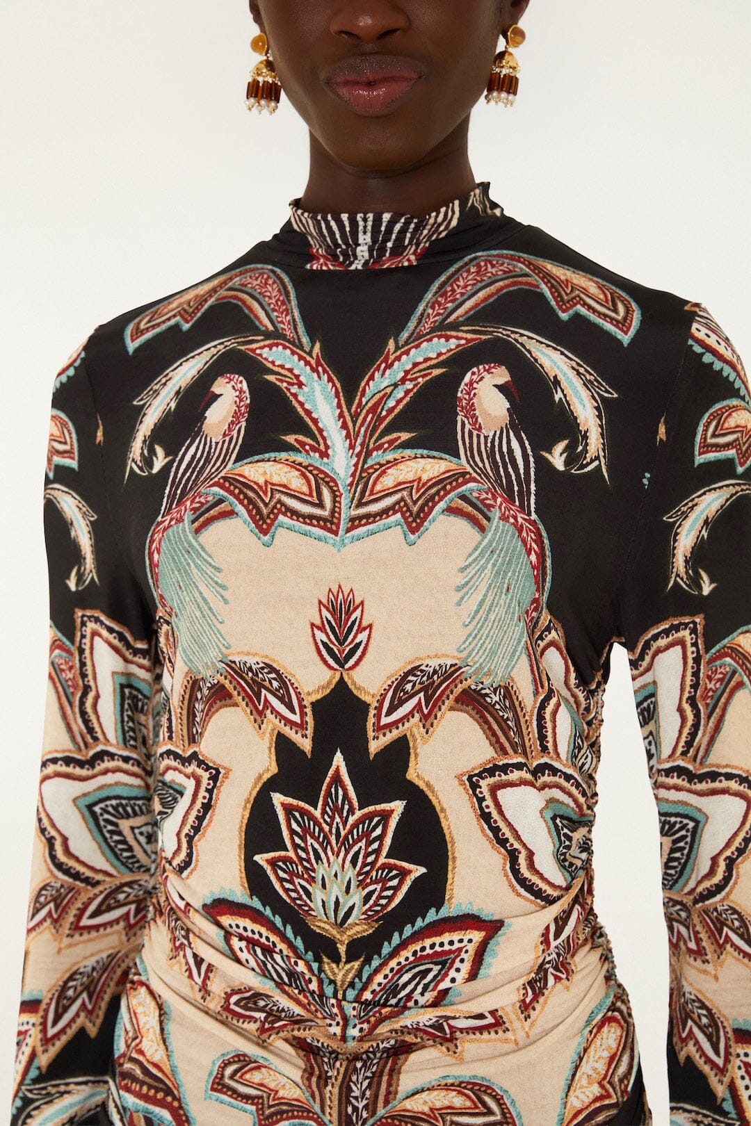 FARM Rio model wearing the Tapestry Dream Long Sleeve Jersey Blouse