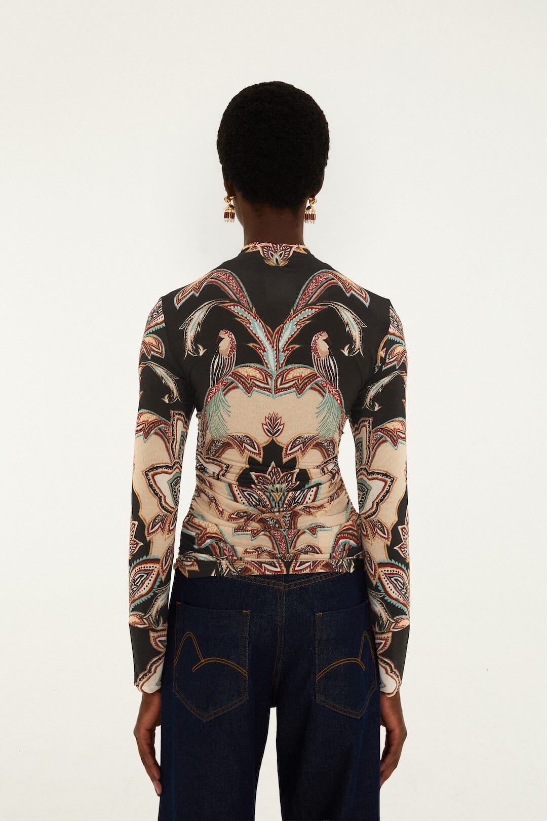 FARM Rio model wearing the Tapestry Dream Long Sleeve Jersey Blouse