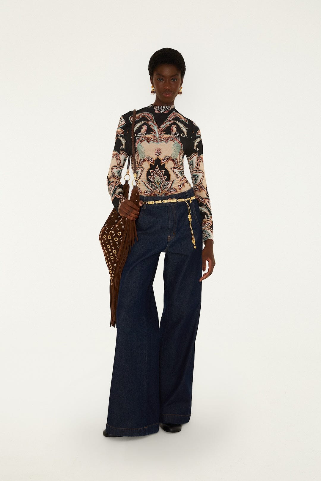 FARM Rio model wearing the Tapestry Dream Long Sleeve Jersey Blouse