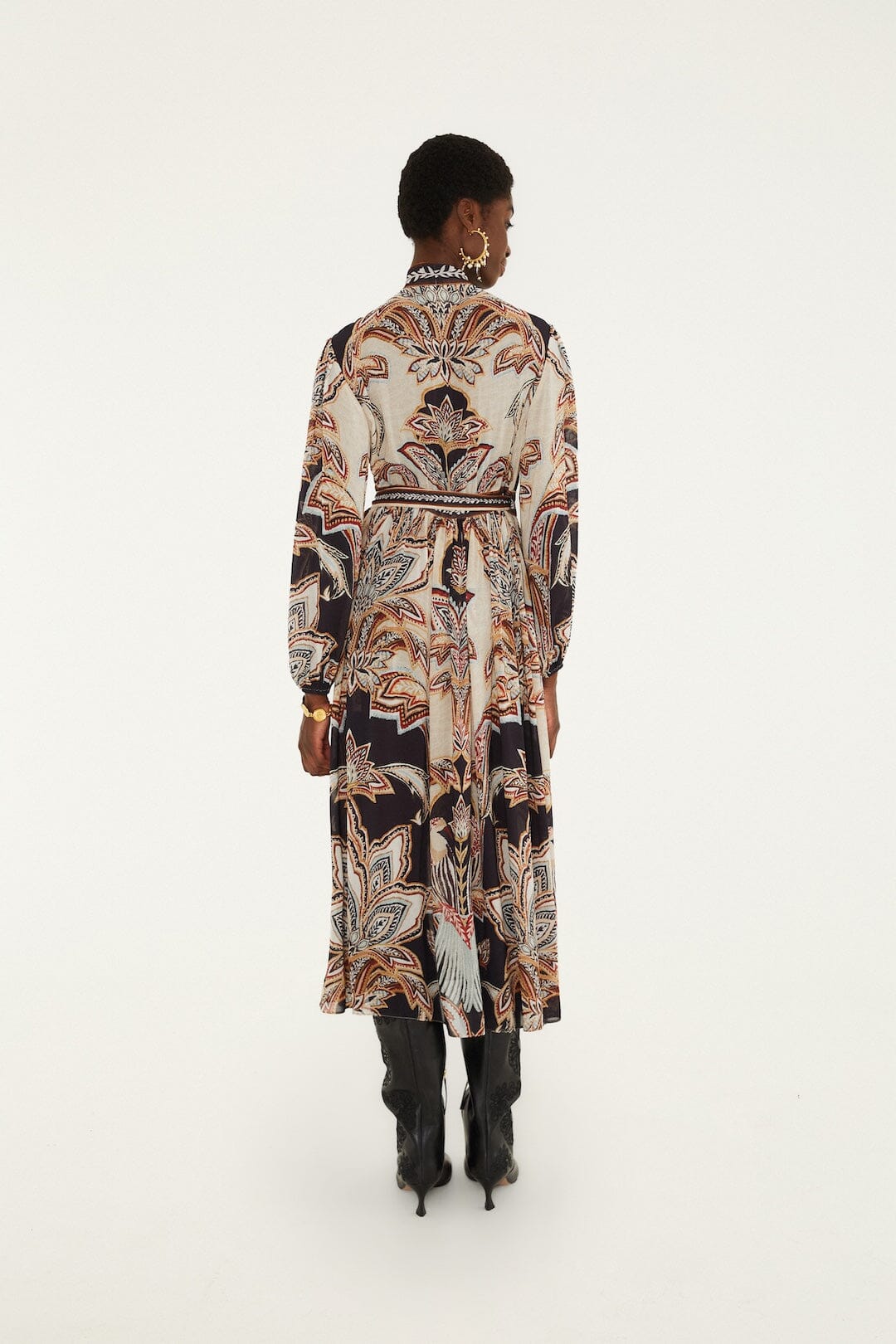 FARM Rio model wearing the Tapestry Dream Long Sleeve Midi Dress