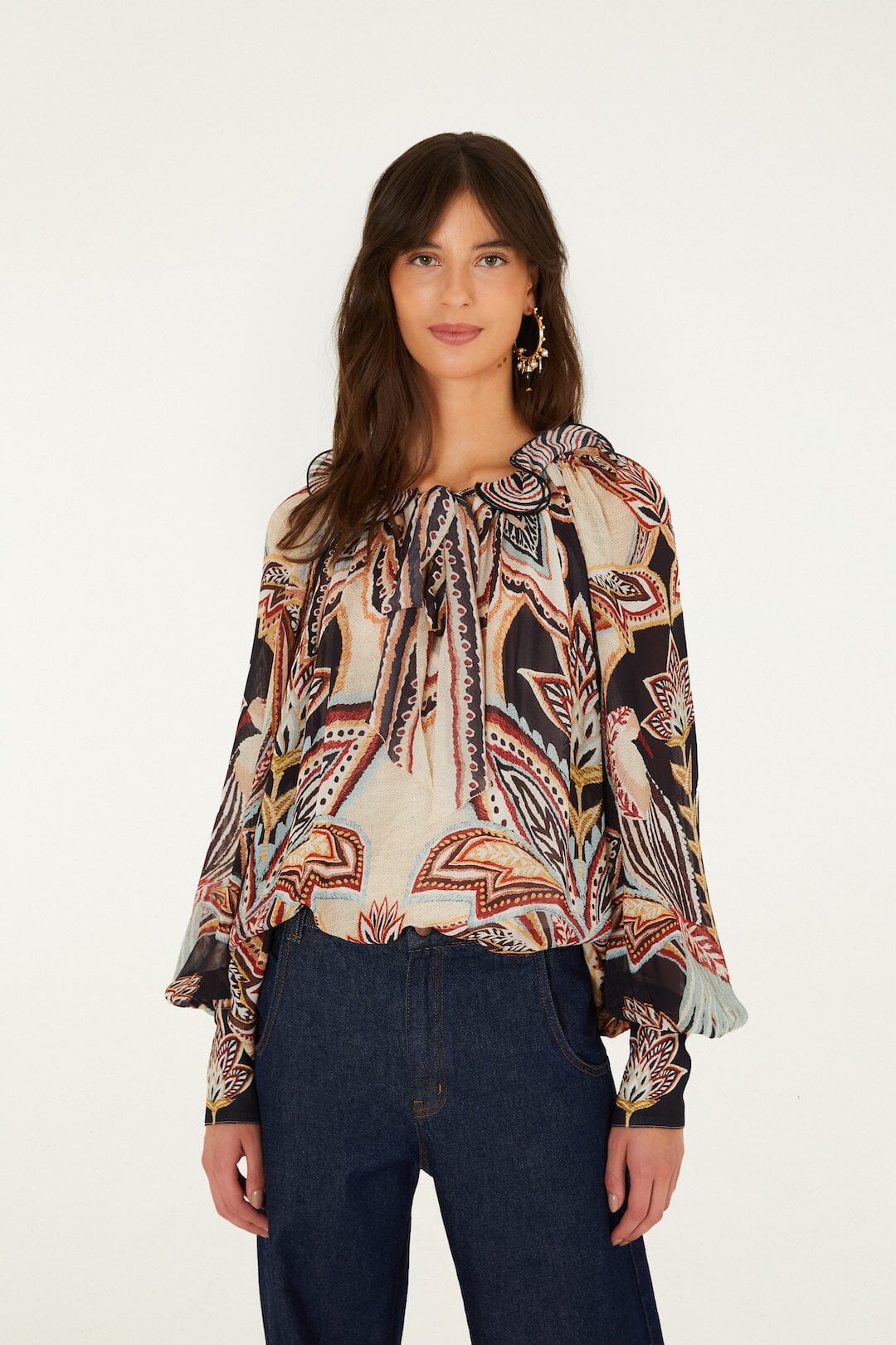 FARM Rio model wearing the Tapestry Dream Ties Long Sleeve Blouse