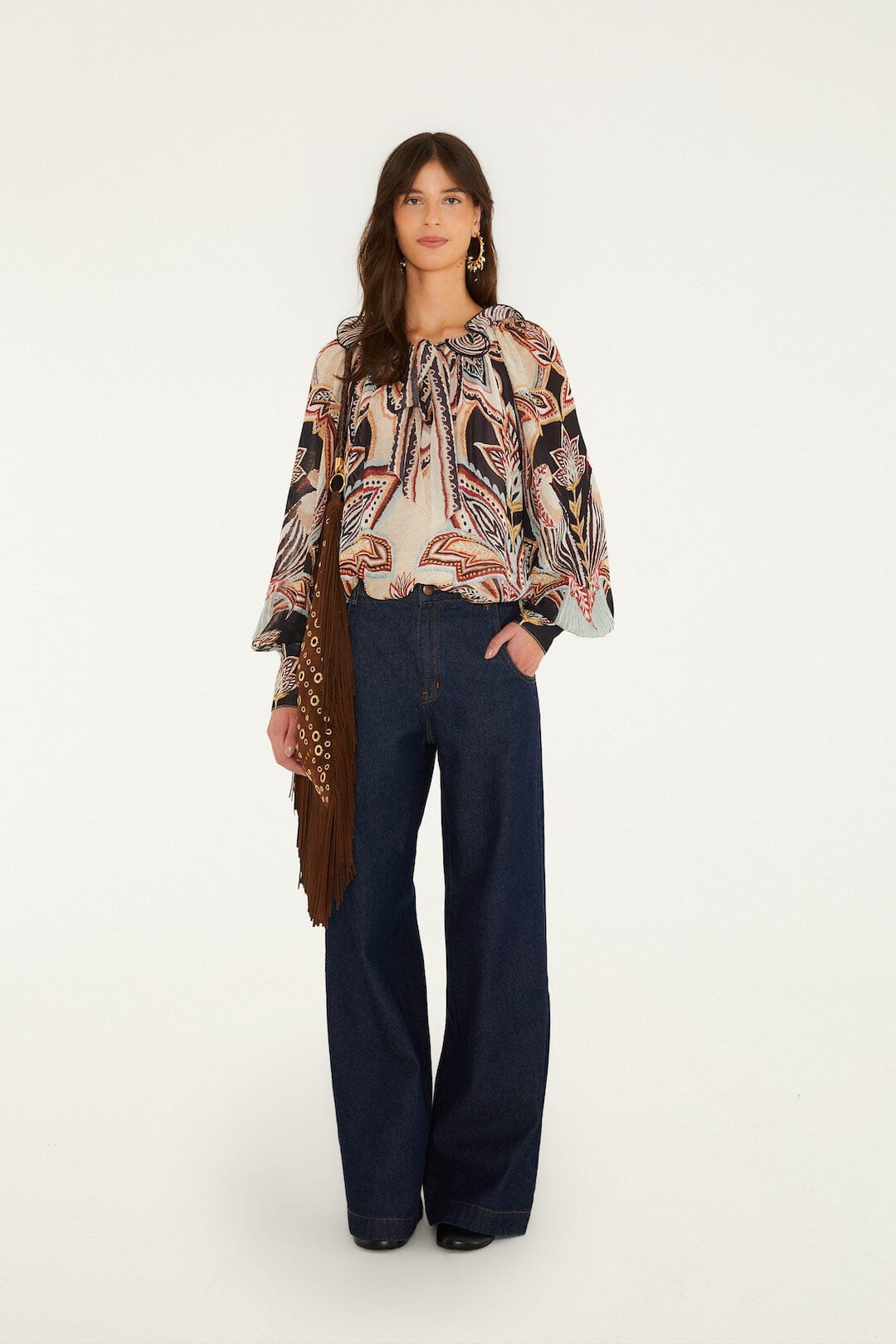 FARM Rio model wearing the Tapestry Dream Ties Long Sleeve Blouse