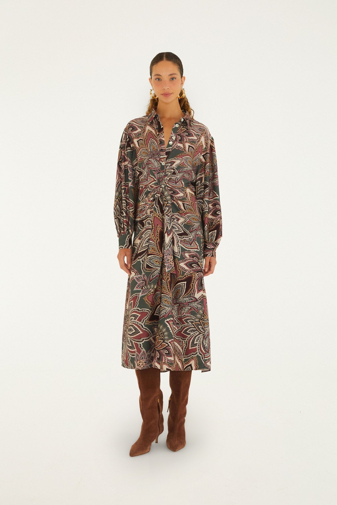 FARM Rio model wearing the Tapestry Flowers Belted Midi Dress