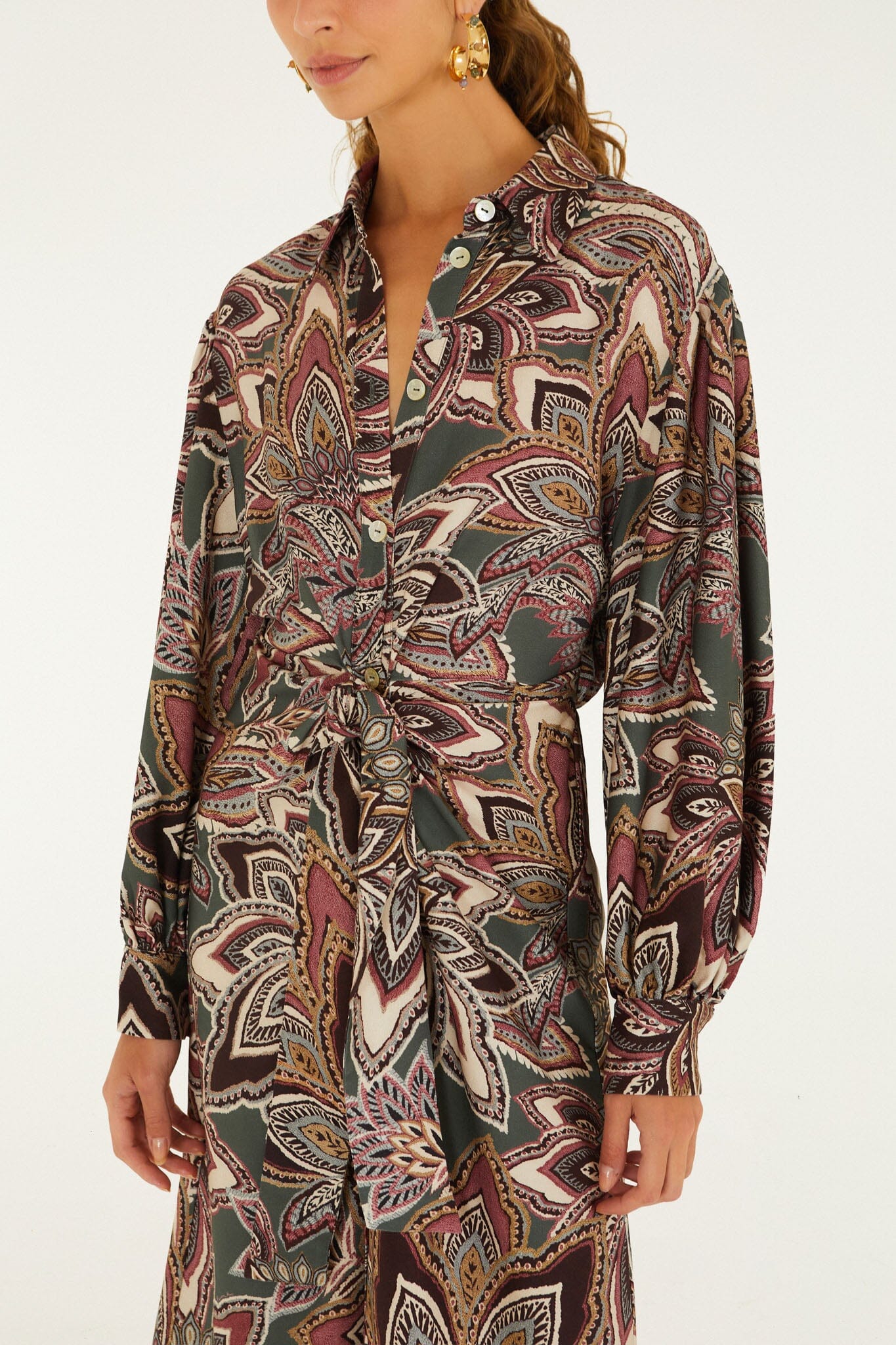 FARM Rio model wearing the Tapestry Flowers Belted Midi Dress