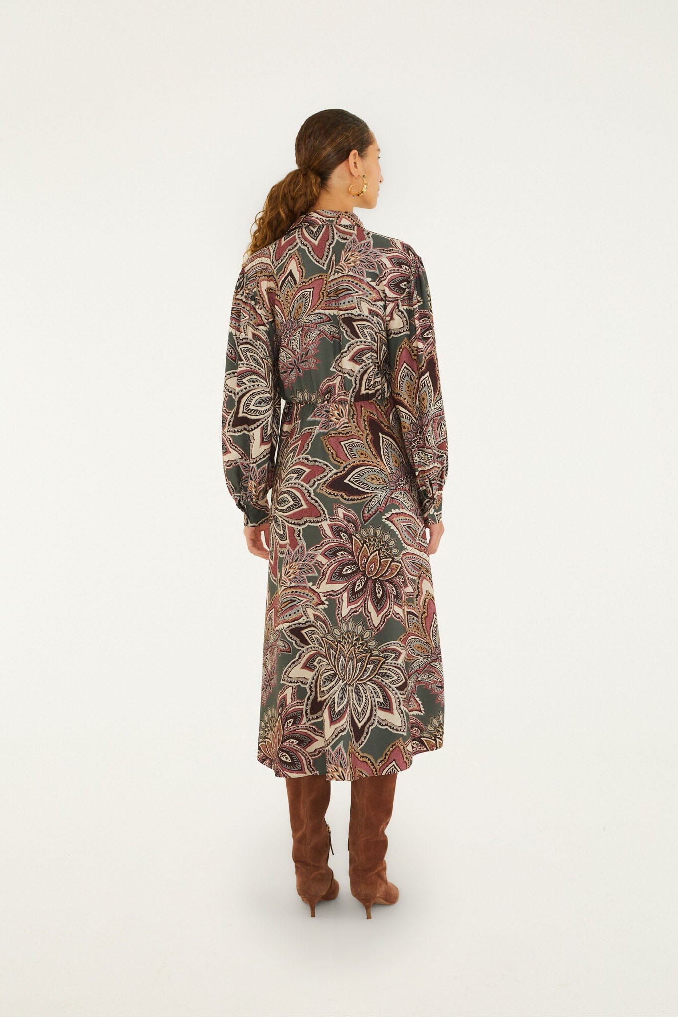 FARM Rio model wearing the Tapestry Flowers Belted Midi Dress