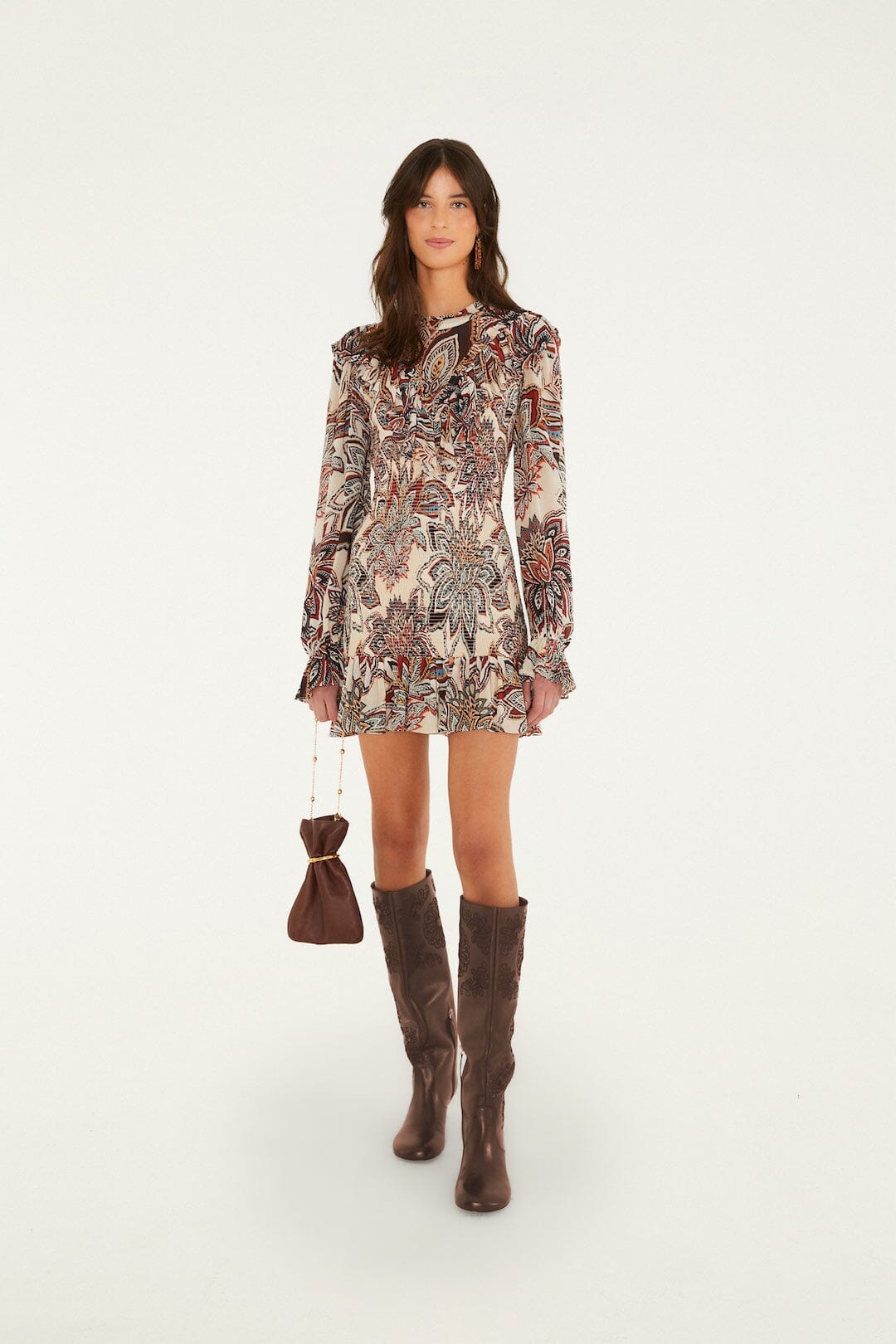 FARM Rio model wearing the Tapestry Flowers Long Sleves Mini Dress