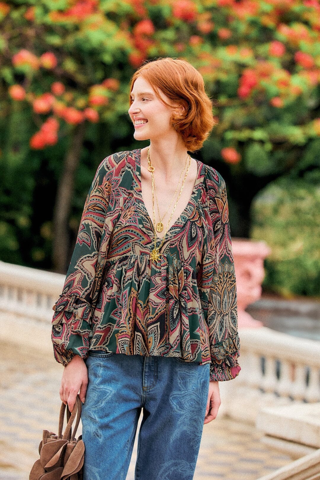 FARM Rio model wearing the Tapestry Flowers Ruffled Blouse