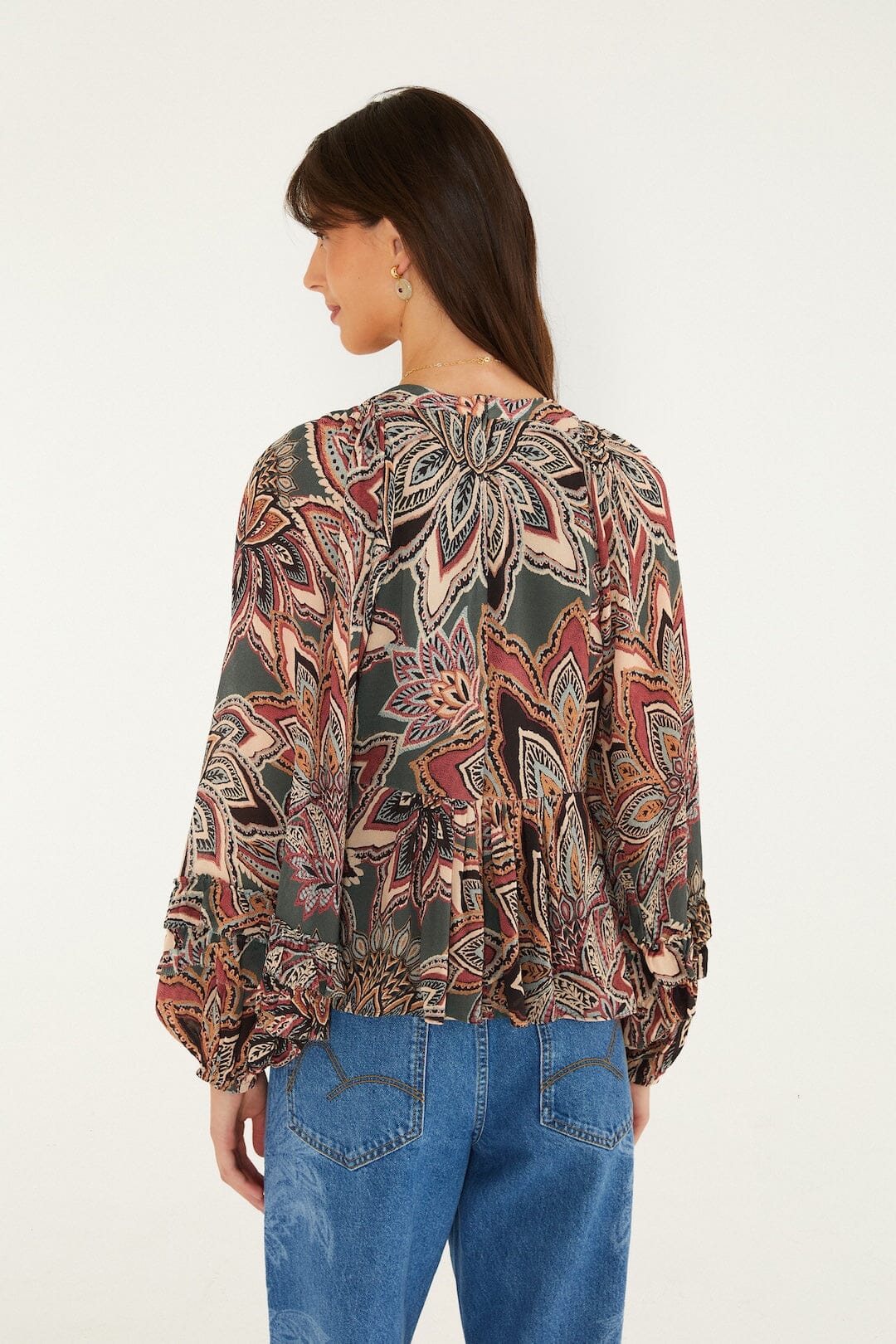 FARM Rio model wearing the Tapestry Flowers Ruffled Blouse