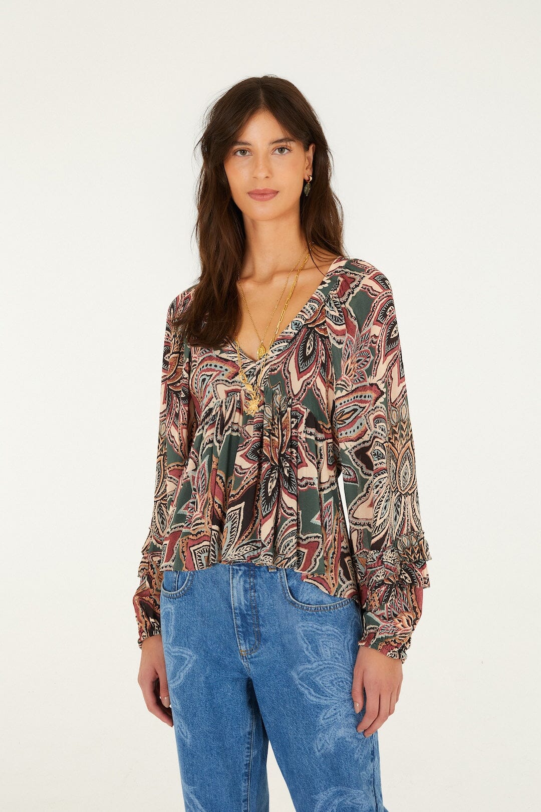 FARM Rio model wearing the Tapestry Flowers Ruffled Blouse