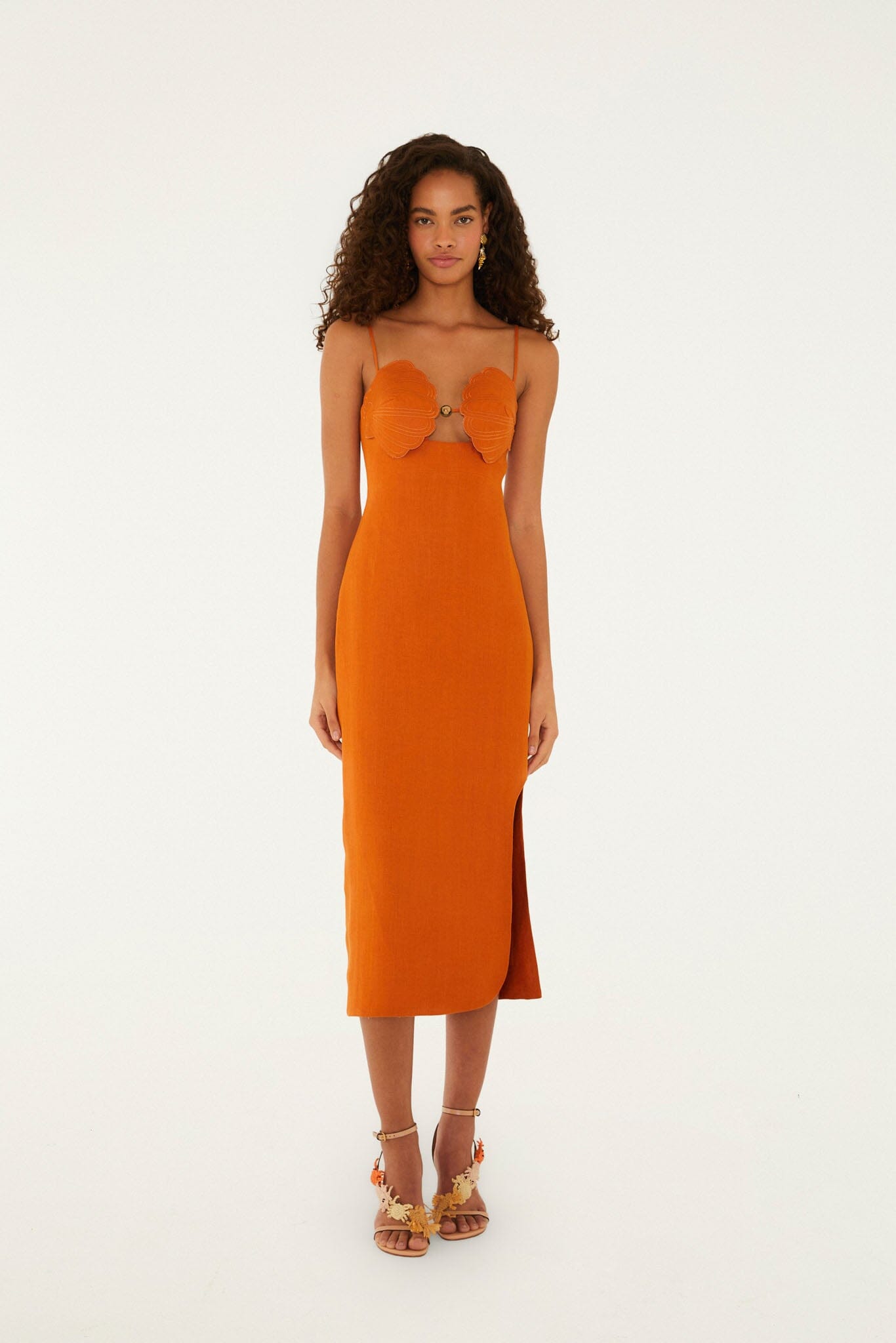 FARM Rio model wearing the Terra Cotta 3d Shells Sleeveless Midi Dress