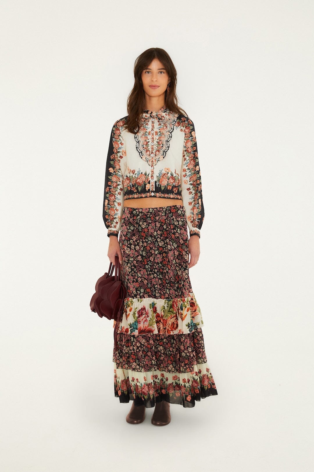 FARM Rio model wearing the Tiny Garden Mixed Prints Maxi Skirt