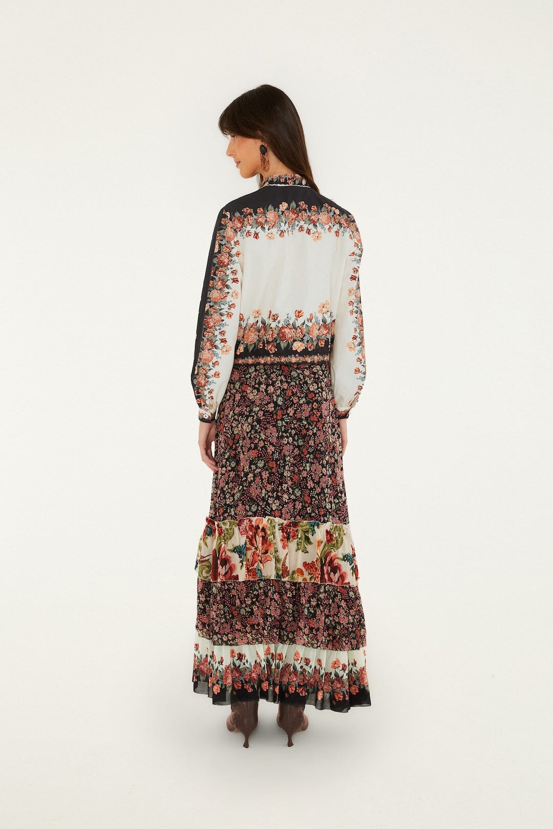 FARM Rio model wearing the Tiny Garden Mixed Prints Maxi Skirt