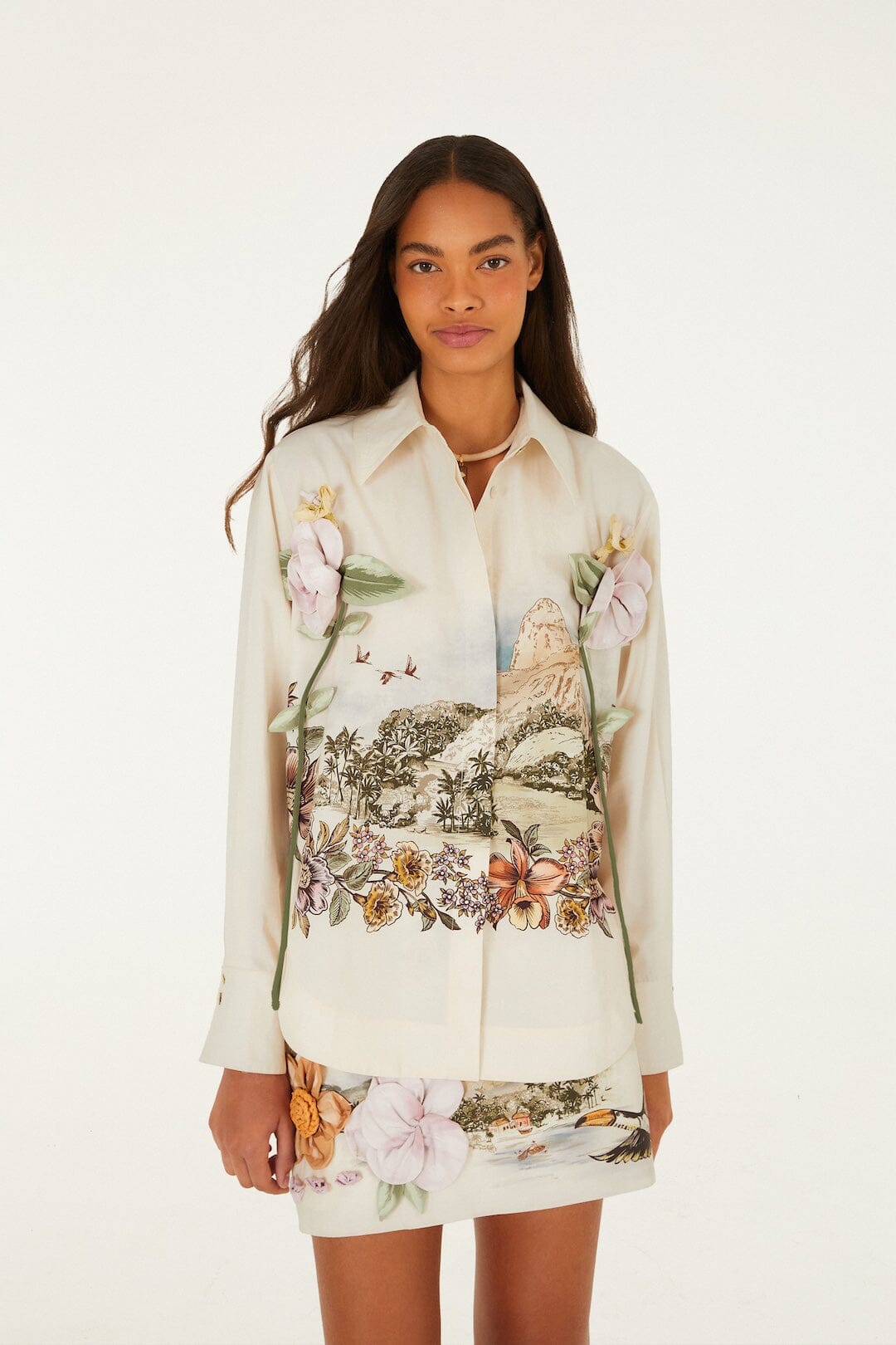 FARM Rio model wearing the Toile De Rio Off-White Long Sleeve Shirt