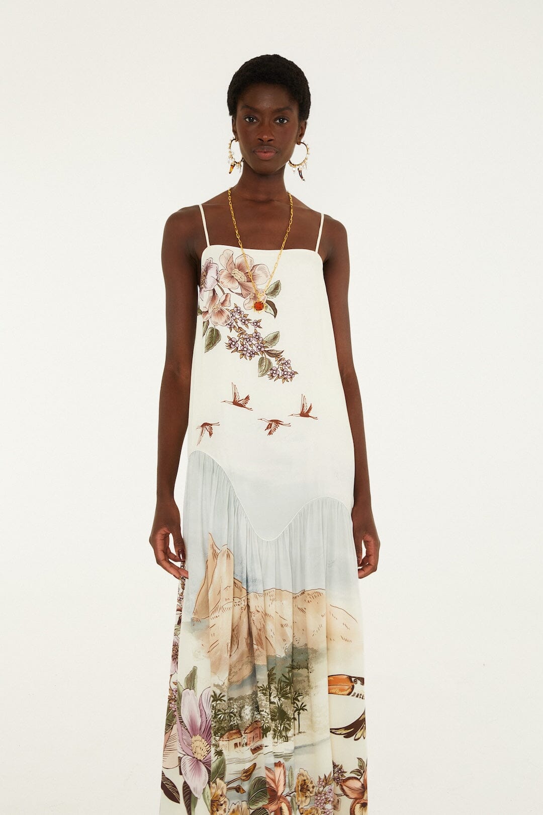 FARM Rio model wearing the Toile De Rio Off-White Maxi Sleveless Dress