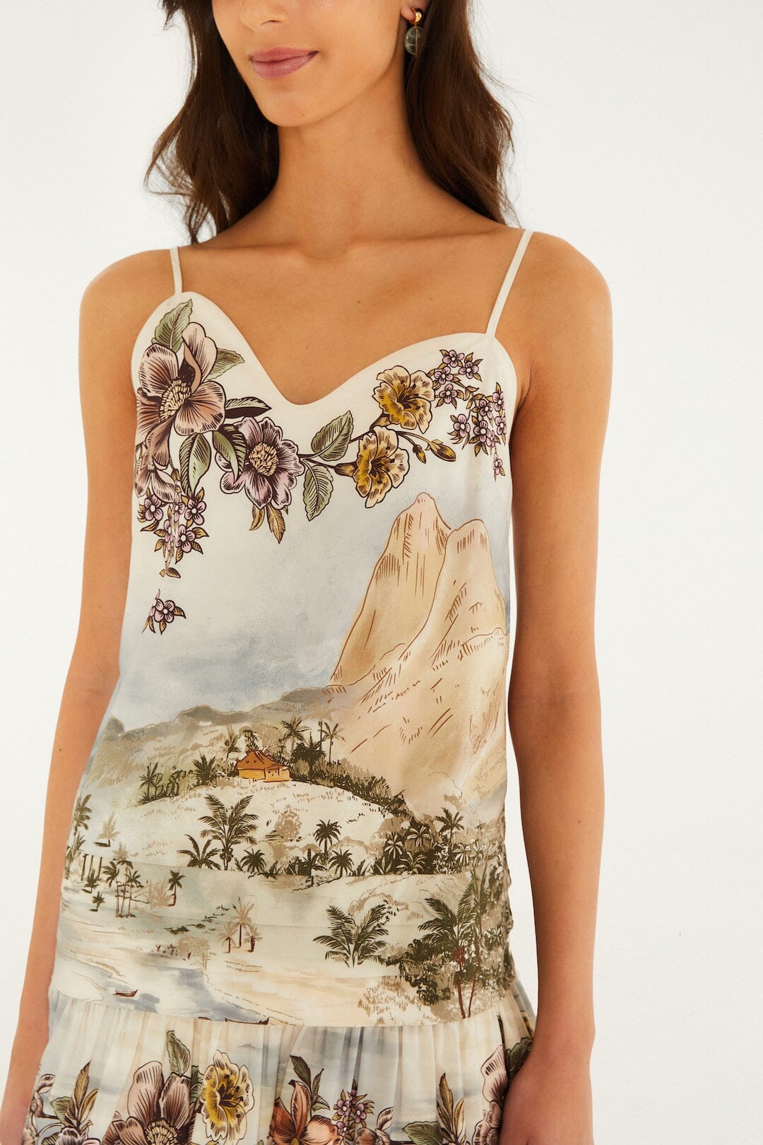 FARM Rio model wearing the Toile De Rio Off-White Mini Sleveless Dress