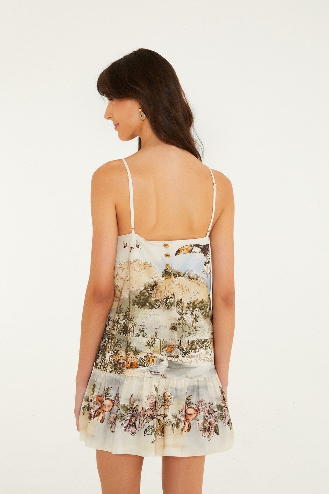 FARM Rio model wearing the Toile De Rio Off-White Mini Sleveless Dress