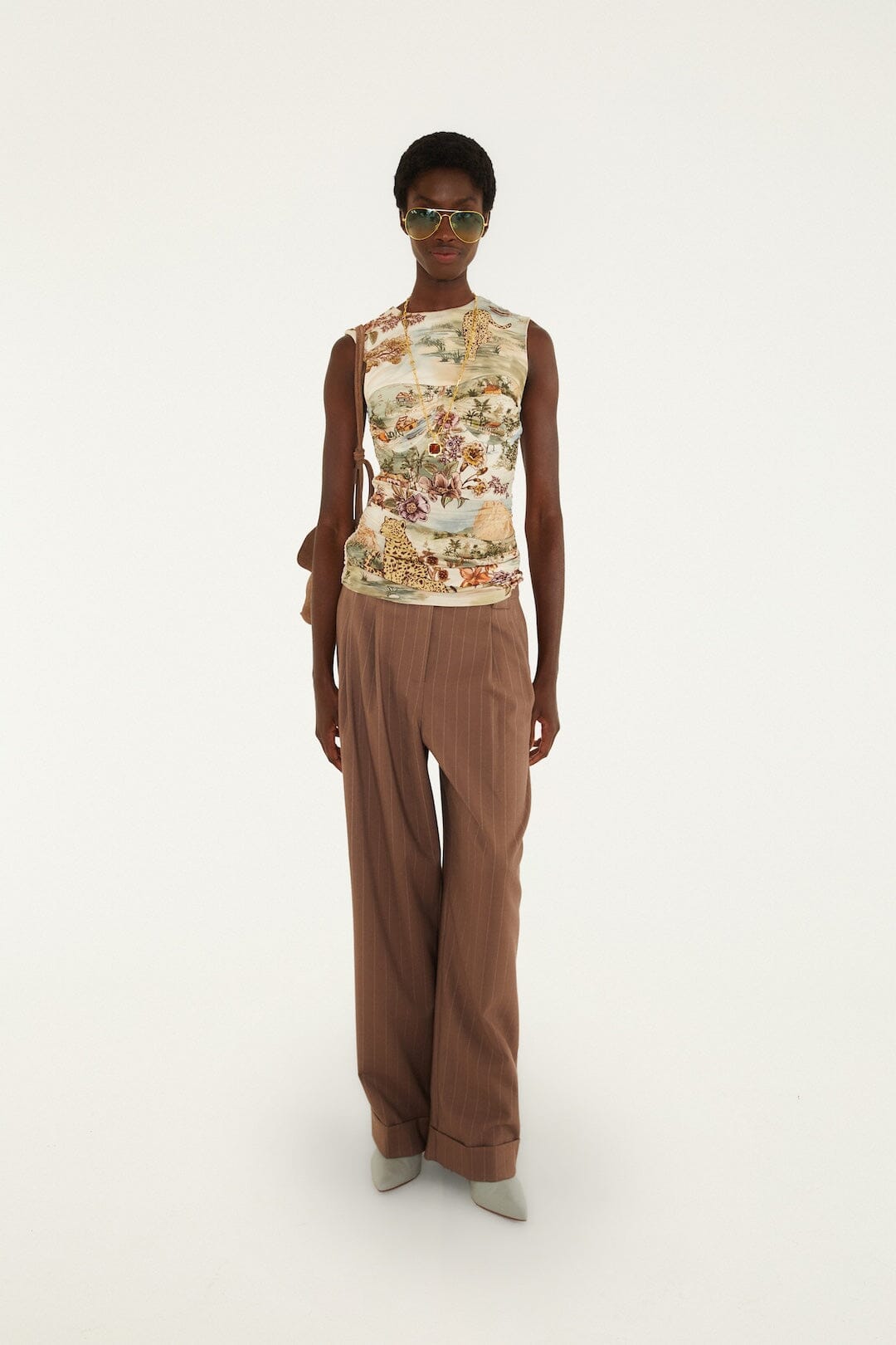 FARM Rio model wearing the Toile De Rio Winter White Sleeveless Blouse
