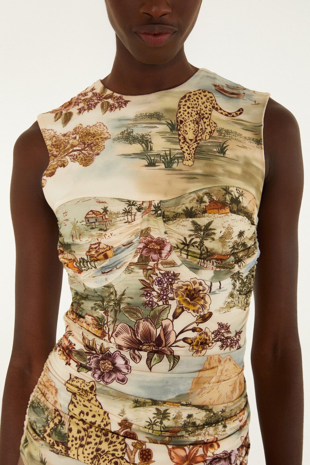 FARM Rio model wearing the Toile De Rio Winter White Sleeveless Blouse