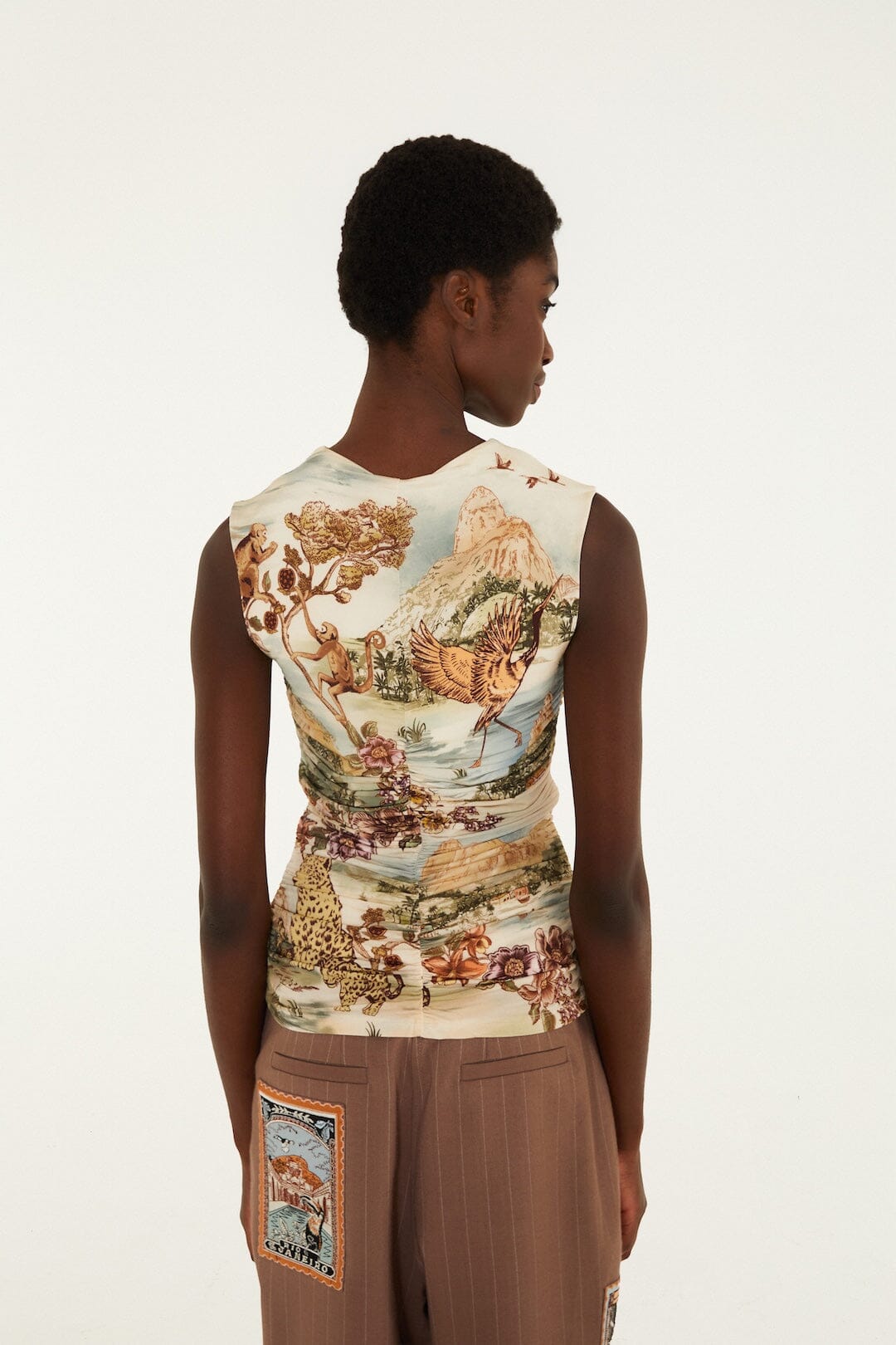 FARM Rio model wearing the Toile De Rio Winter White Sleeveless Blouse