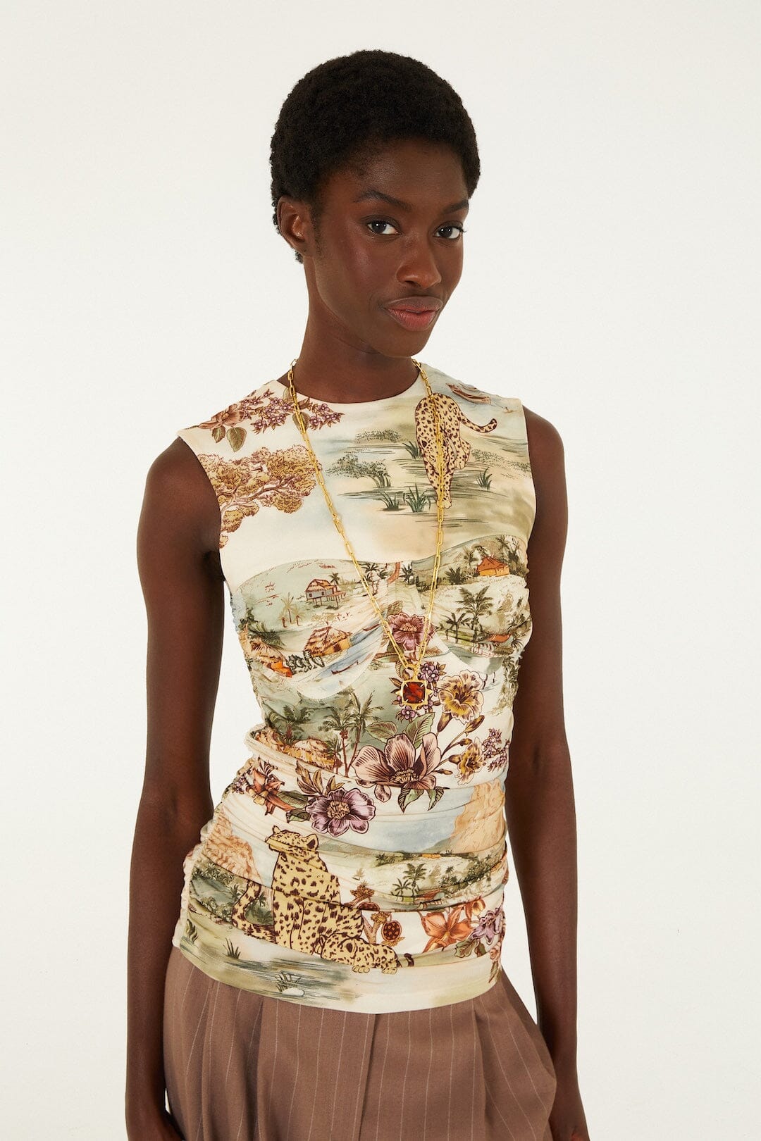 FARM Rio model wearing the Toile De Rio Winter White Sleeveless Blouse