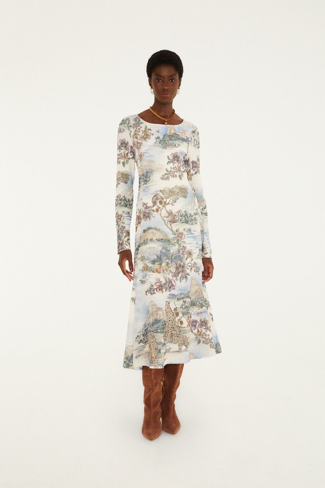 FARM Rio model wearing the Toile De Rio Winter White Textured Jersey Midi Dre