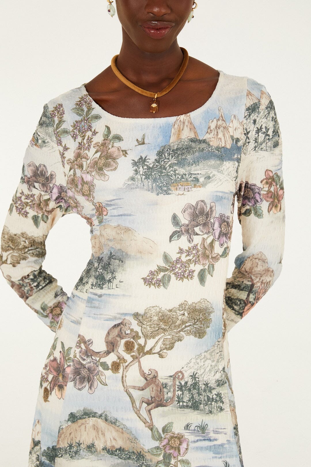 FARM Rio model wearing the Toile De Rio Winter White Textured Jersey Midi Dre