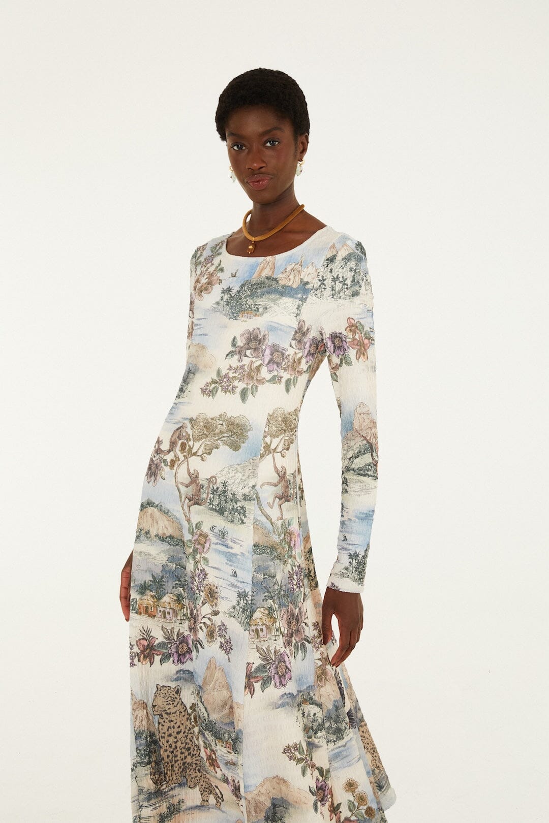 FARM Rio model wearing the Toile De Rio Winter White Textured Jersey Midi Dre