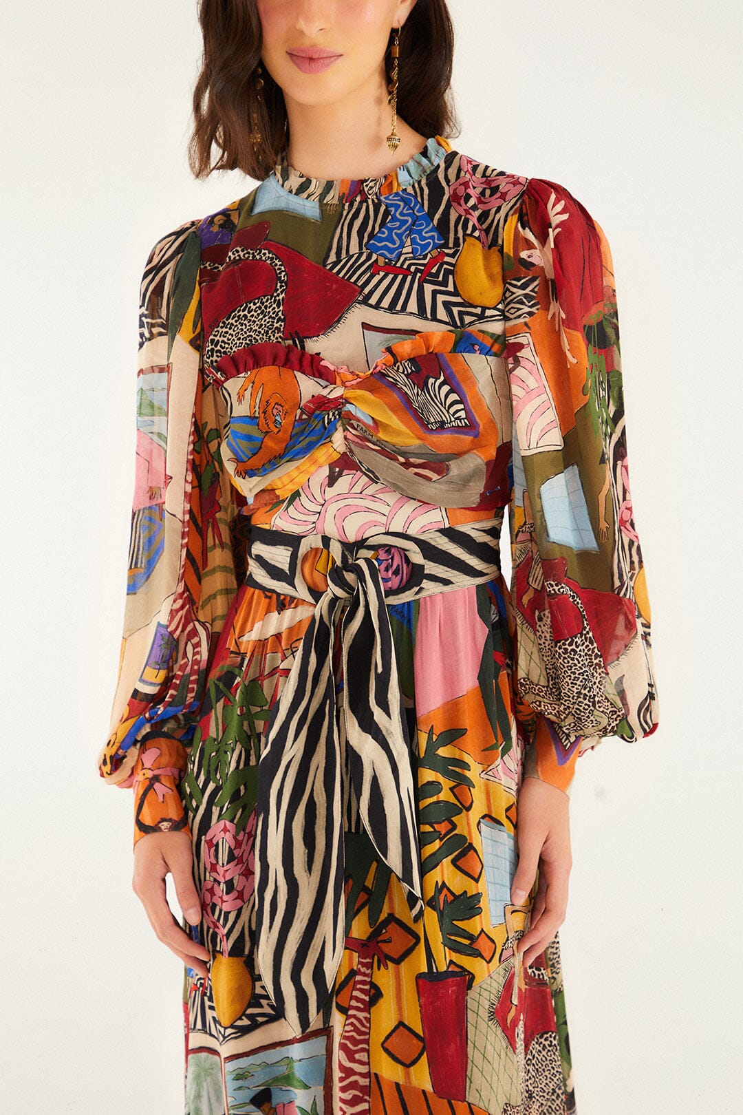 FARM Rio model wearing the Tropical Multicolor Long Sleeve Maxi Dress