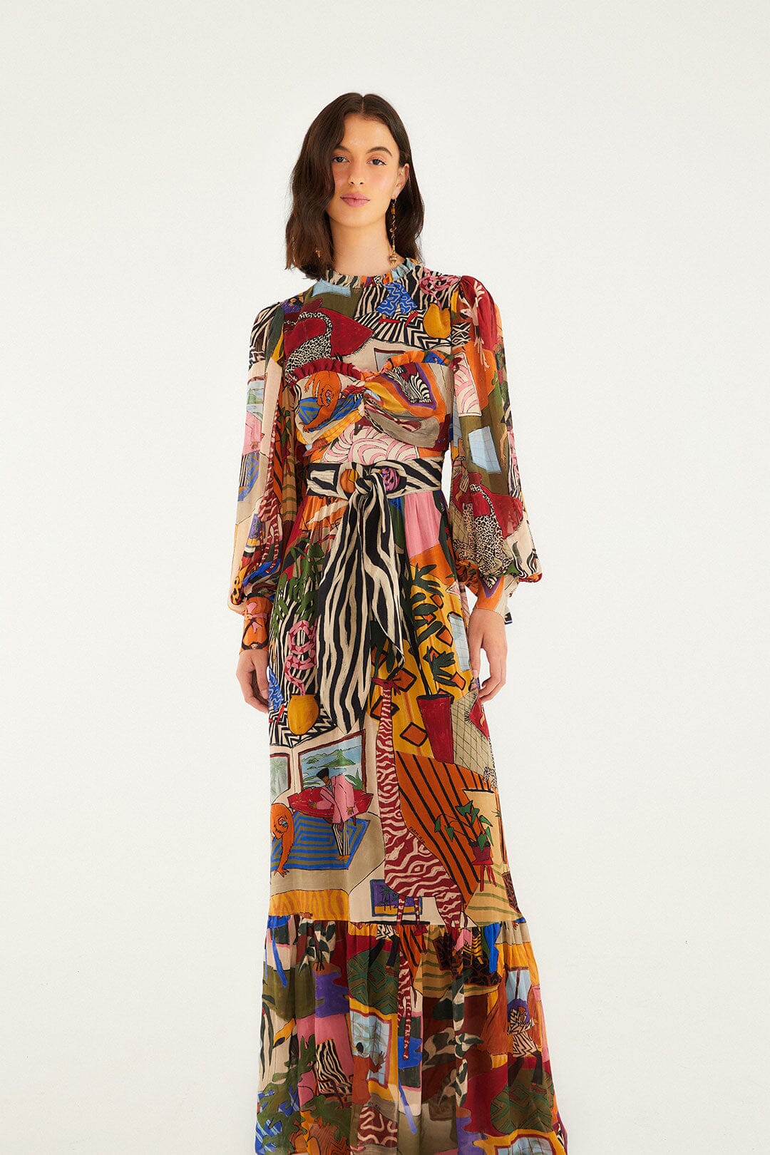 FARM Rio model wearing the Tropical Multicolor Long Sleeve Maxi Dress