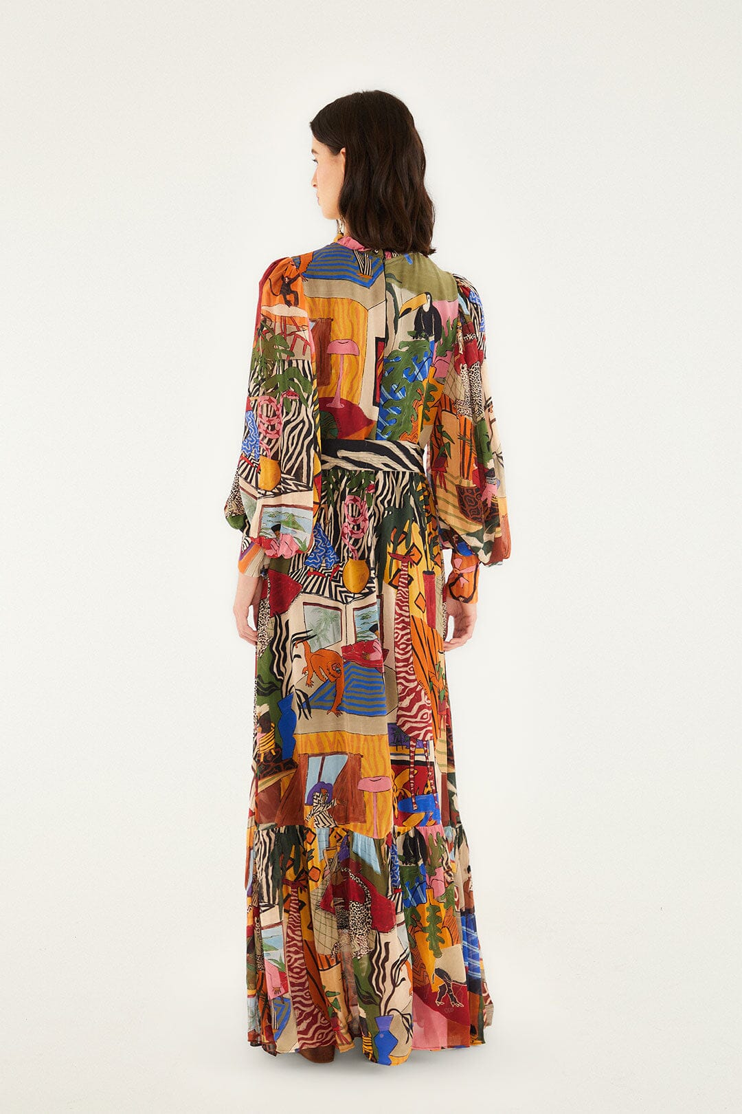 FARM Rio model wearing the Tropical Multicolor Long Sleeve Maxi Dress