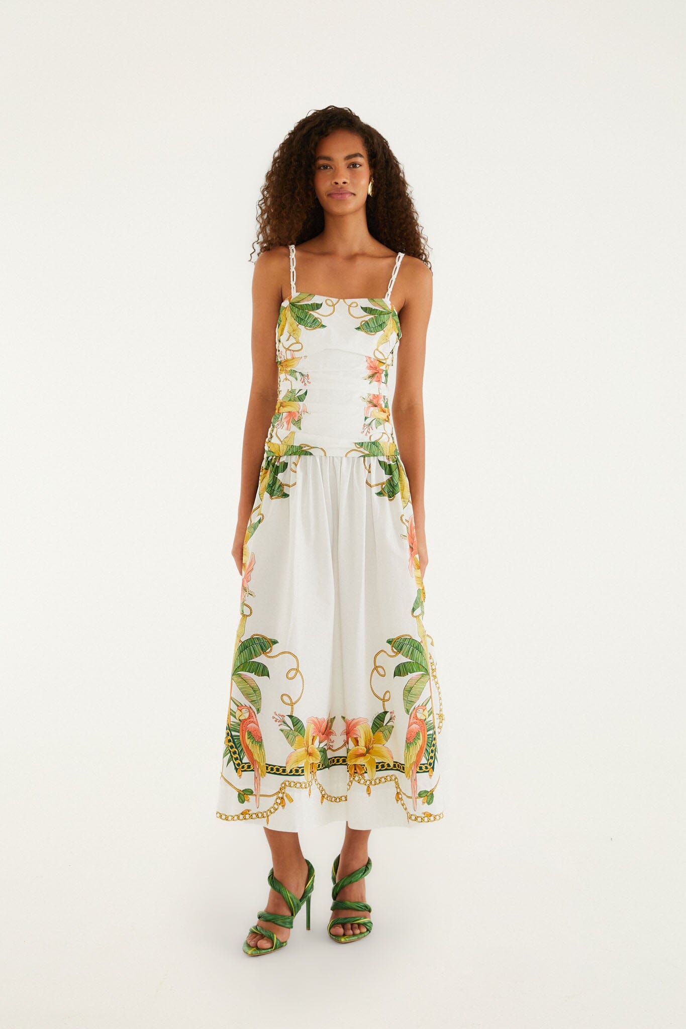 FARM Rio model wearing the Tropical Royalty Off-White Midi Dress Sleeveless