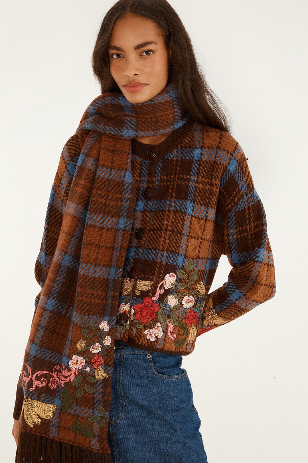 FARM Rio model wearing the Tropical Tea Cardigan