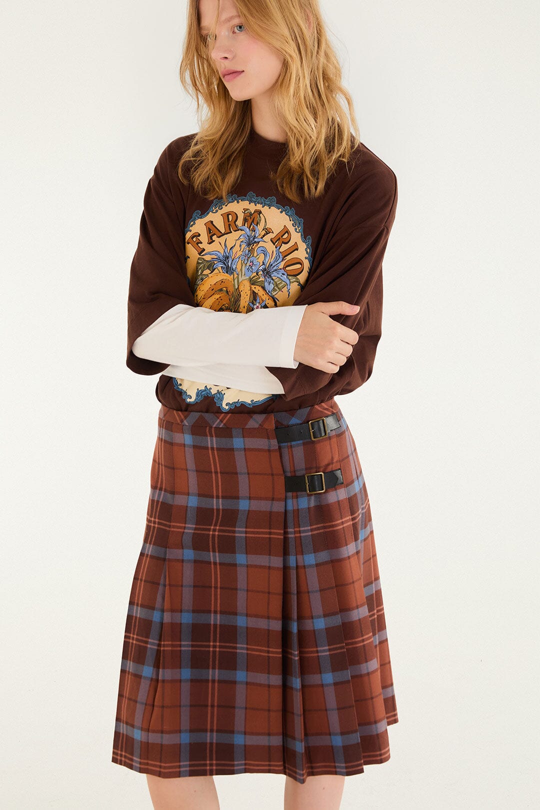 FARM Rio model wearing the Tropical Tea Pleated Midi Skirt