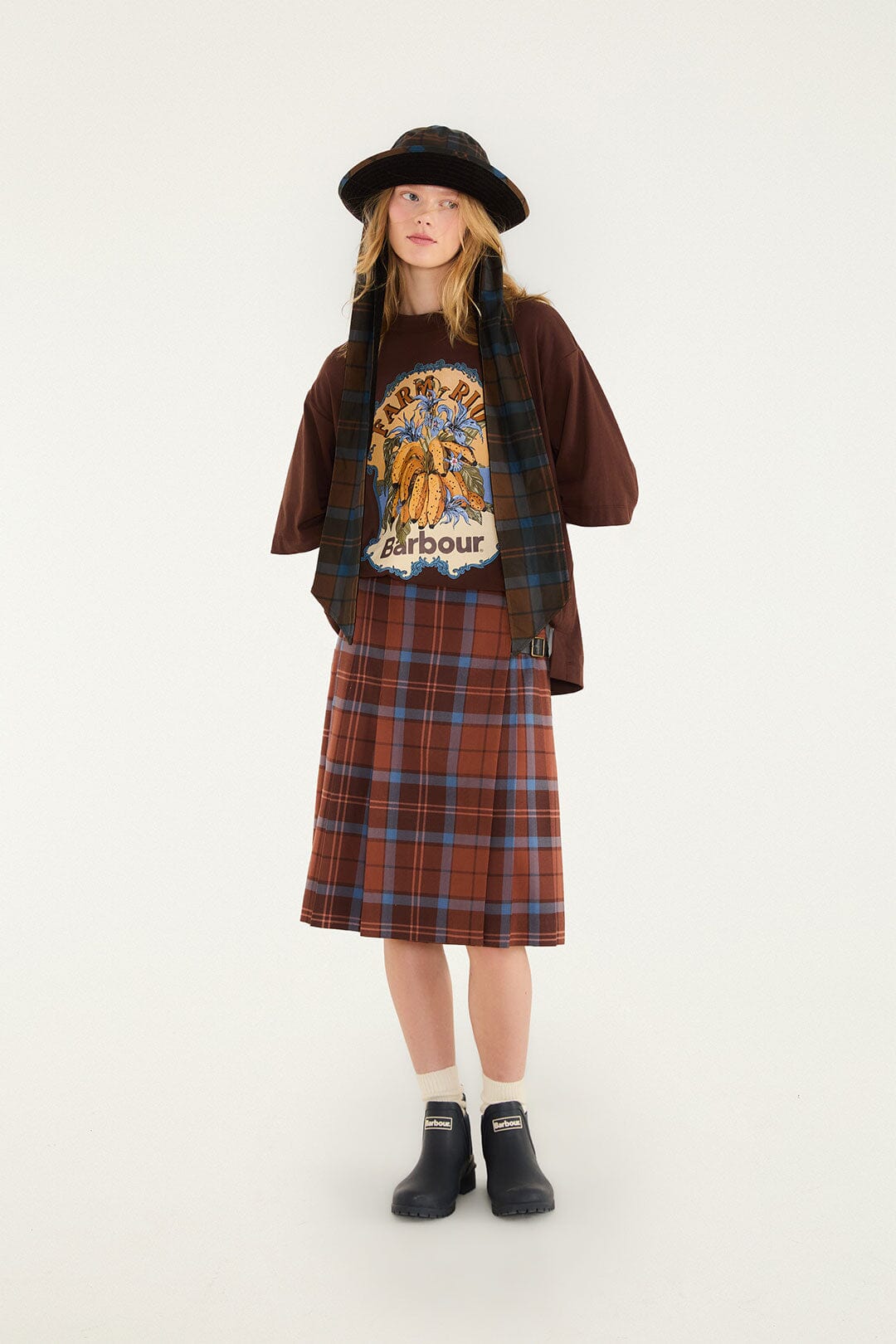 FARM Rio model wearing the Tropical Tea Pleated Midi Skirt