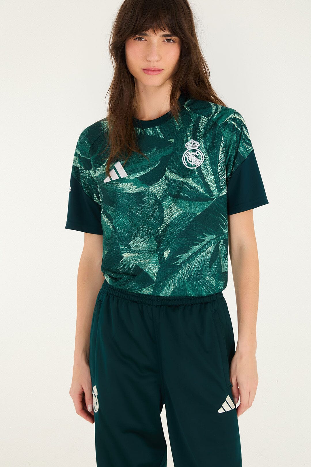 FARM Rio model wearing the Tshirt Adidas Abstract Forrest Green