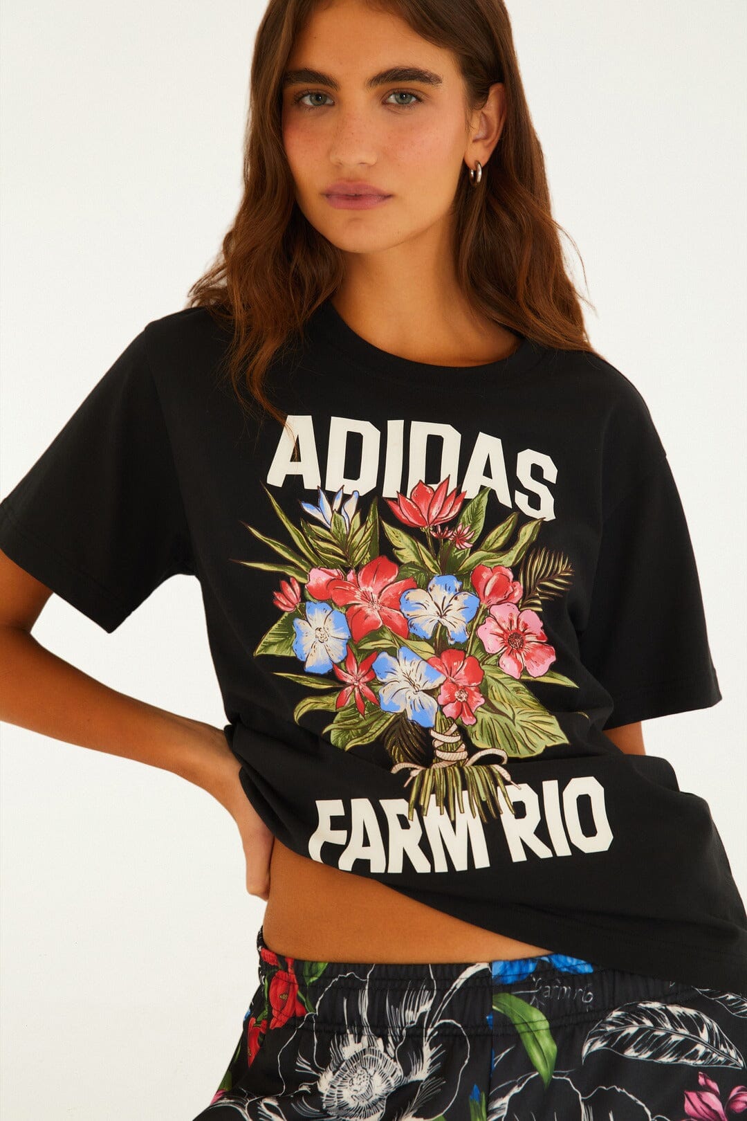 FARM Rio model wearing the Tshirt Adidas Bouquet Black