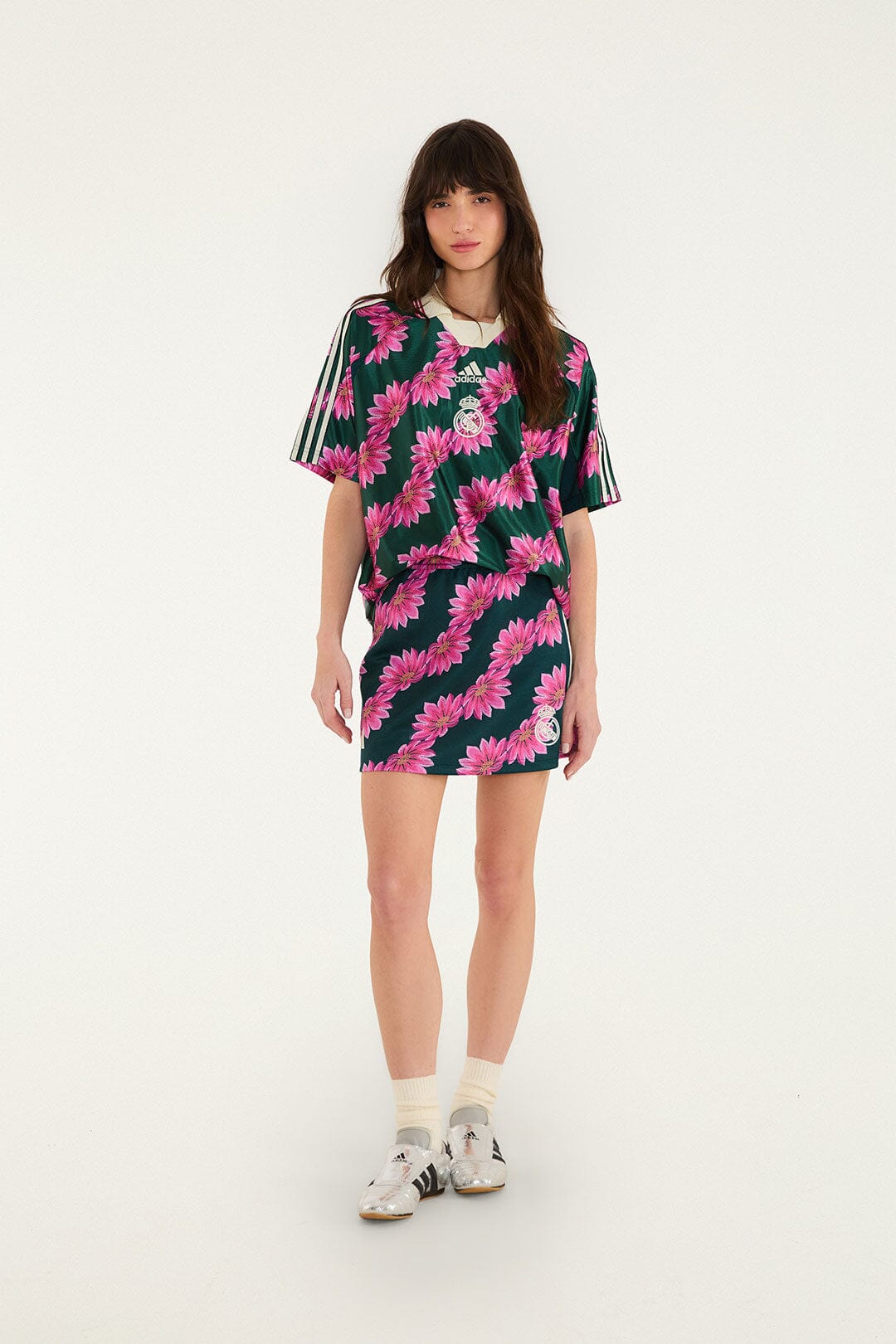 FARM Rio model wearing the Tshirt Adidas Flowerbana Green