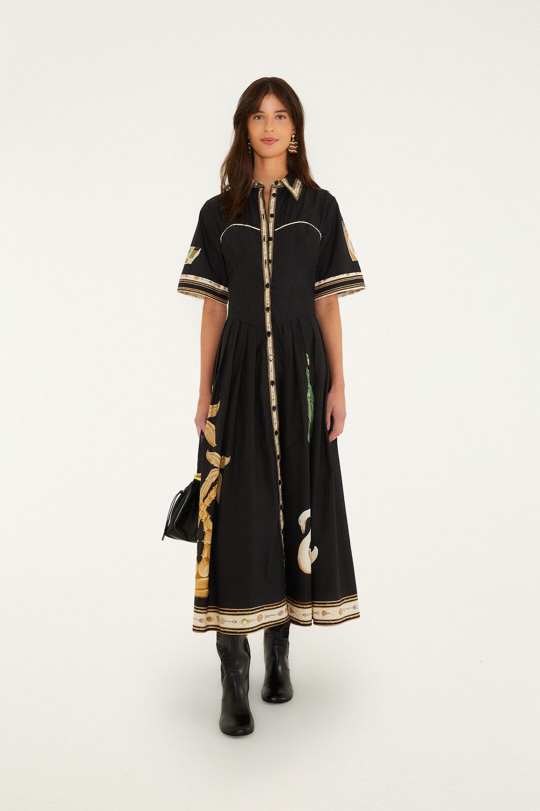FARM Rio model wearing the Vintage Souvenirs Black Buttoned Midi Dress