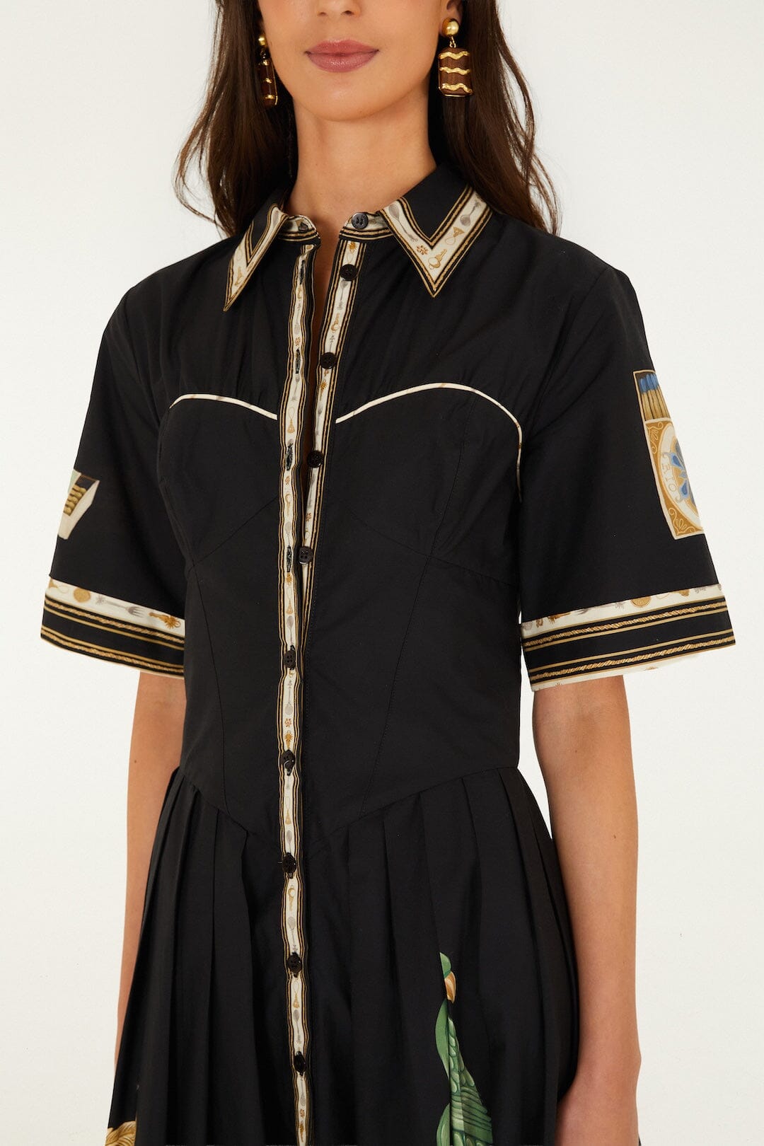 FARM Rio model wearing the Vintage Souvenirs Black Buttoned Midi Dress